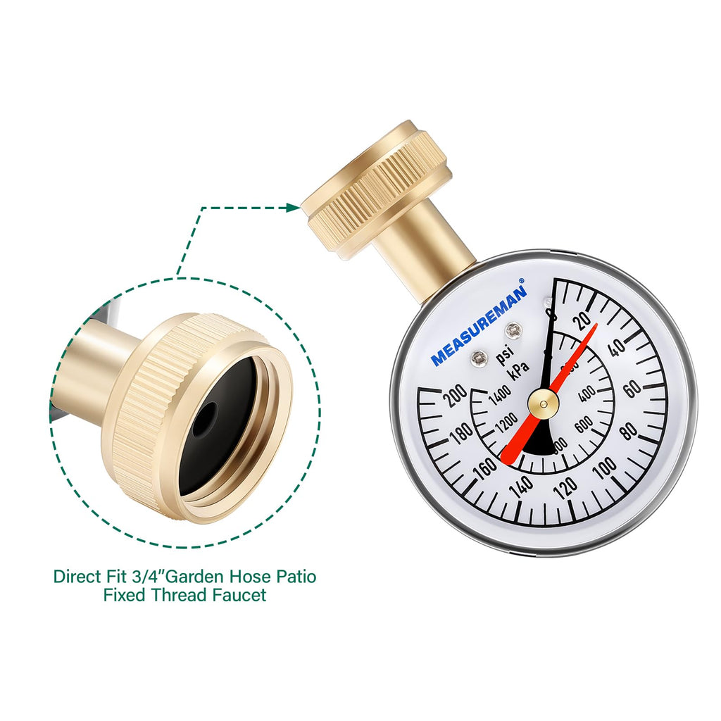 MEASUREMAN 2-1/2" Dial Water Pressure Test Gauge,0-200psi/kpa, 3/4" Female Garden Hose Thread, with Memory Red Pointer, for Measuring Water Pressure
