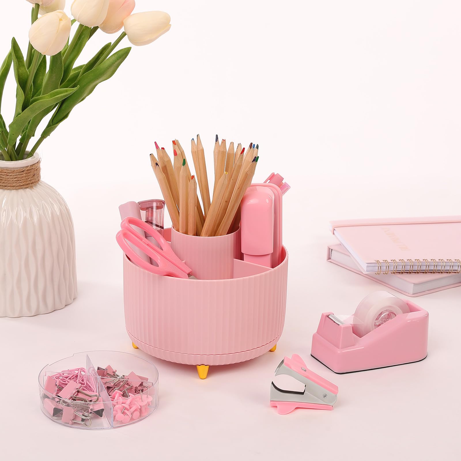 SKYDUE Pink Desk Accessories 10Pcs, 360-Degree Rotating Pen Holder, Stapler, Staple Remover, Tape Dispenser,2pcs Tape Refills, Binder Paper Clips Kit, Scissor,Pink Office Supplies