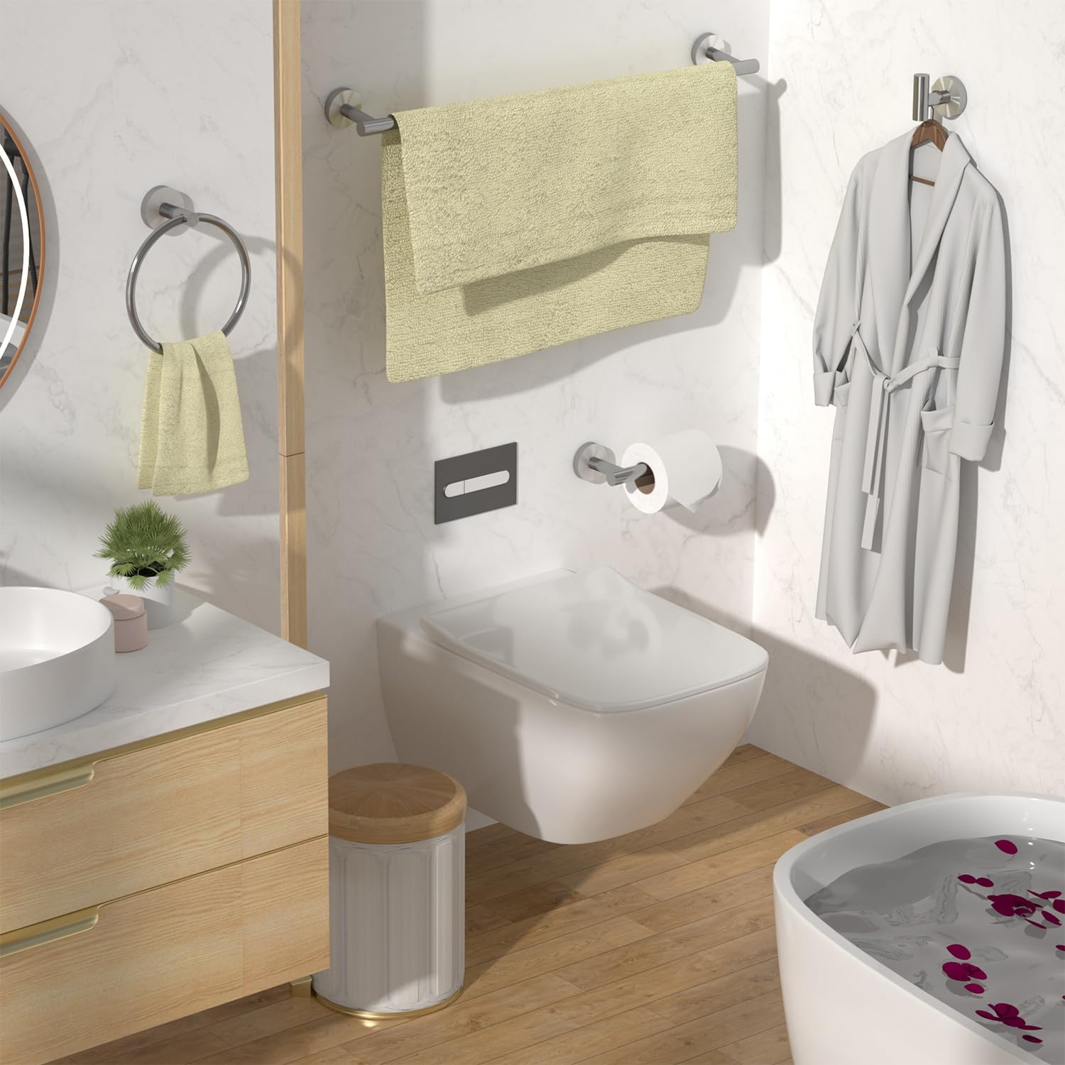 HITSLAM Brushed Nickel Bathroom Accessories Set, SUS304 Stainless Steel Bathroom Hardware Set Wall Mounted, Includes 25.7 Inch Towel Bar, Towel Ring, Robe Towel Hooks, Toilet Paper Holder
