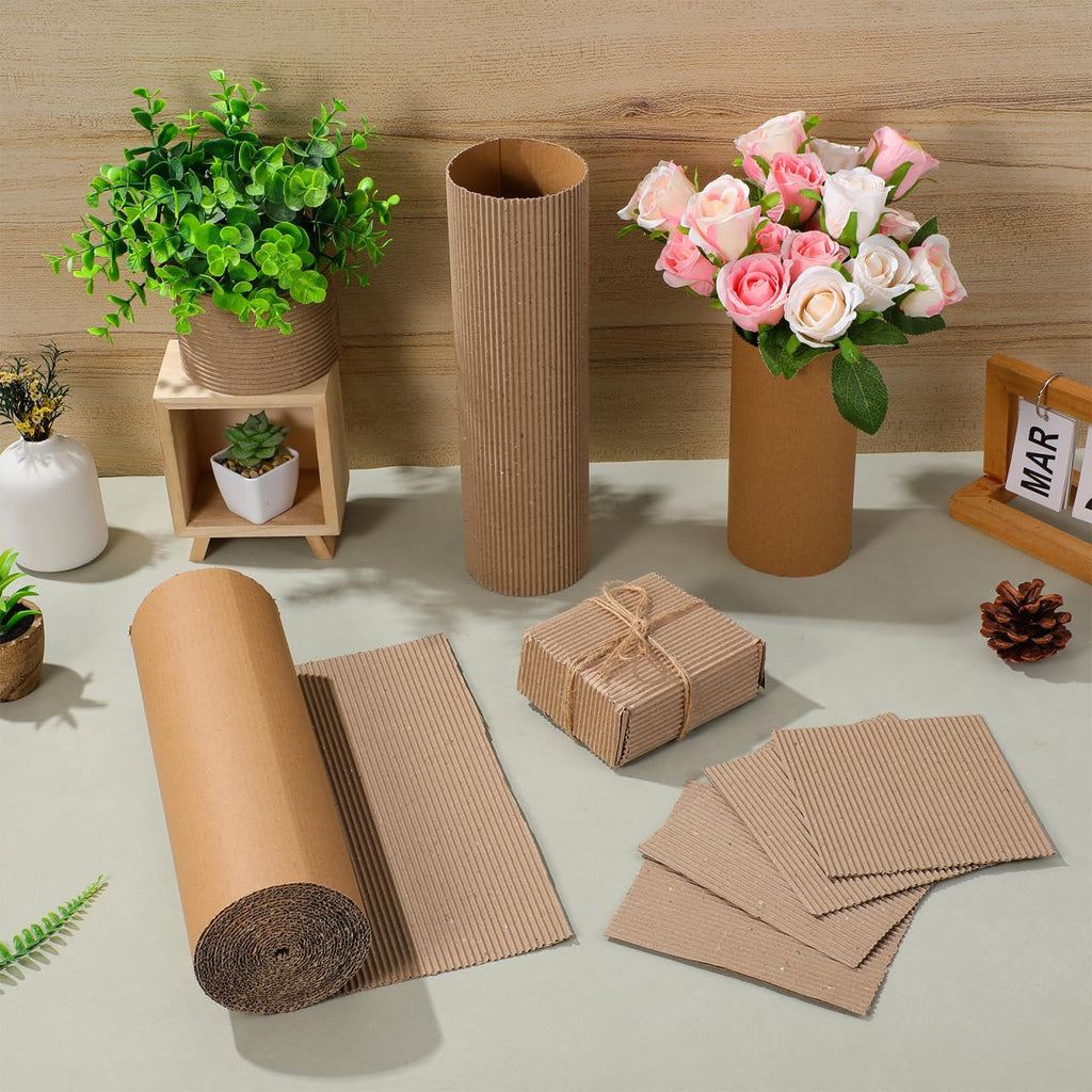 VOSAREA Corrugated Cardboard Roll for Packing and Shipping, 197x12in Single Face Kraft Cushion Wrap, Thicker Wider Sheet Paper for Moving Supplies Fragile Items Crafts Mailing - Beige