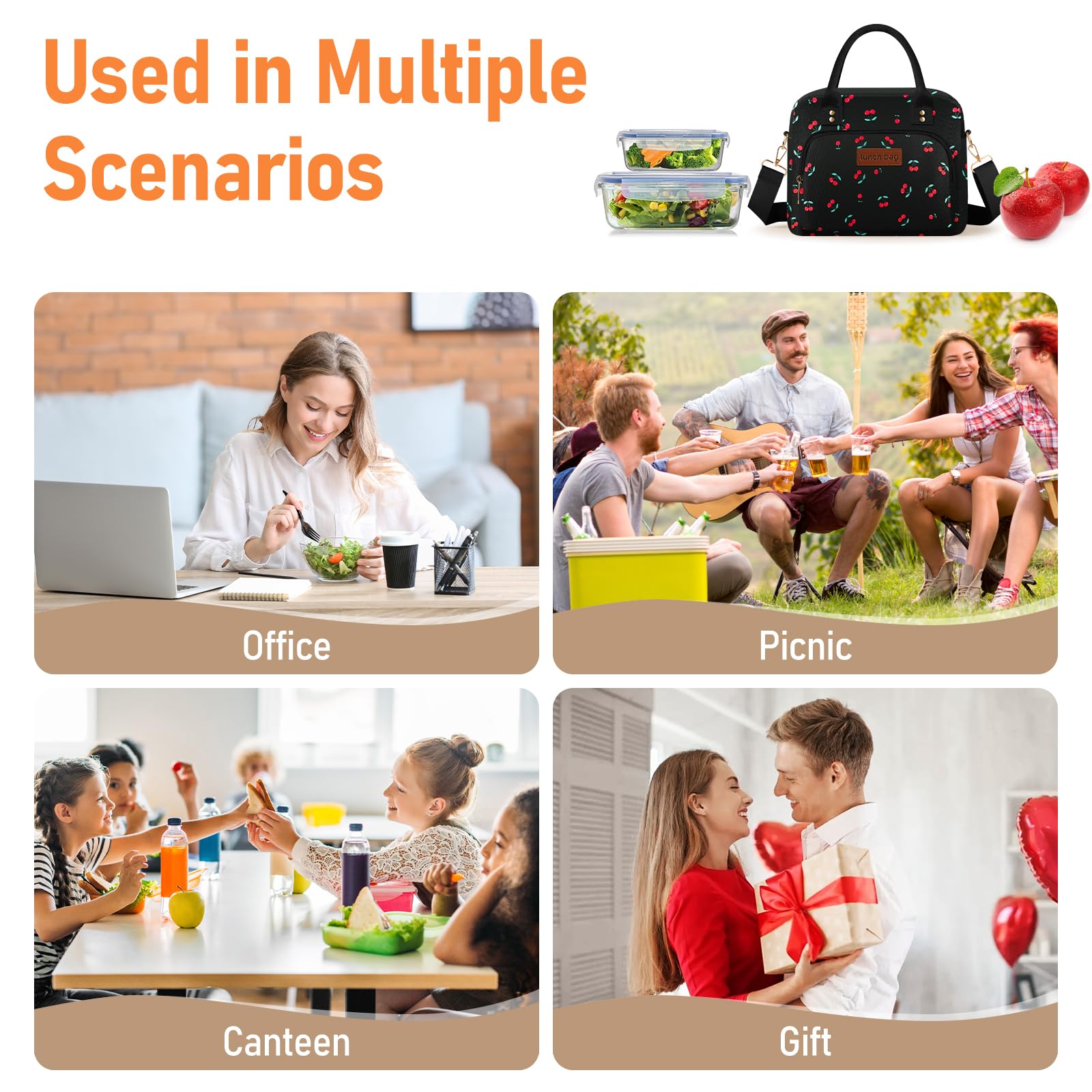 Lunch Bag Large Insulated Lunch Box for Women Men Adult Cute Lunchbox Cooler Bag Reusable Lunch Pail with Adjustable Shoulder Strap for Work Picnic Office Travel 11.4×6.8×9.1 inches 11.5L