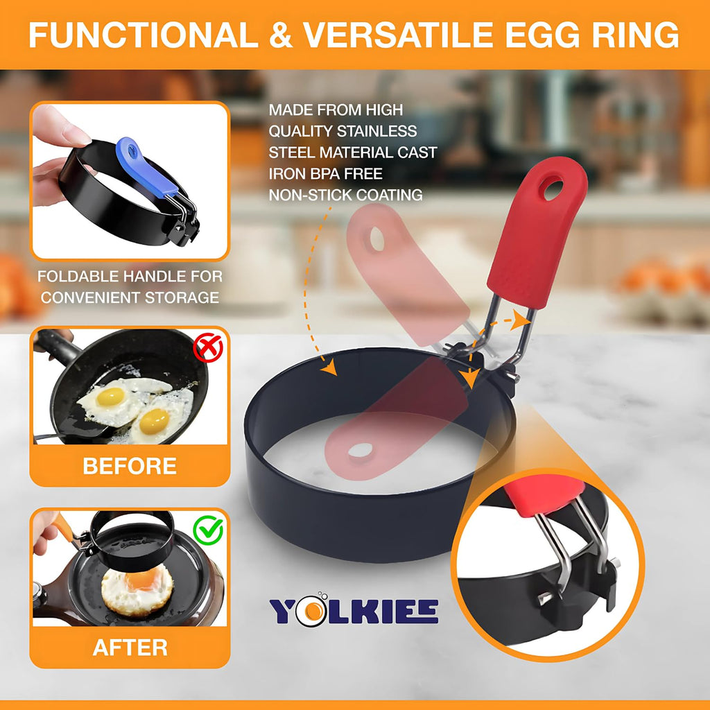 YOLKIEE Egg Rings, 4-Pack, Non-Stick Egg Ring with Oil Brush, Stainless Steel with Anti-Scald Multi-Color Silicone Handle, Round Mold Shaper for Frying Eggs and McMuffins