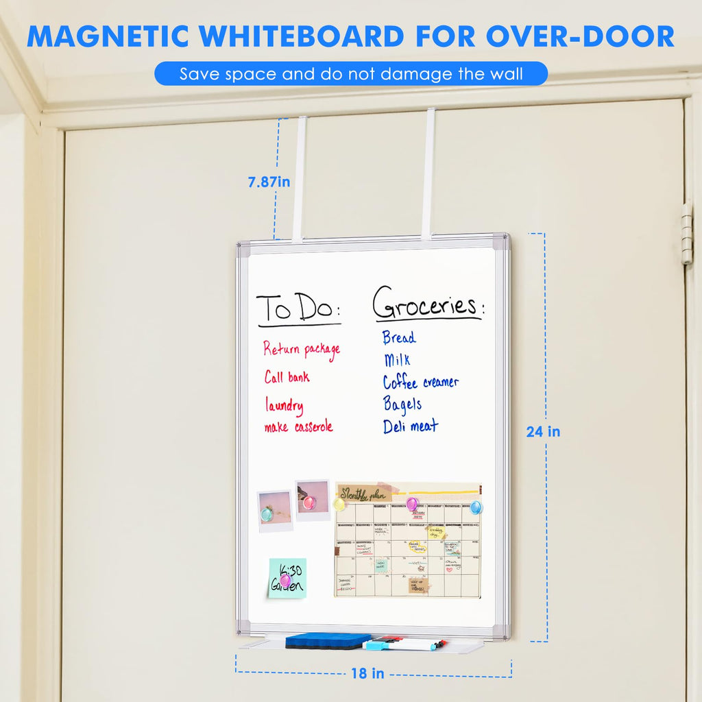 Magnetic Dry Erase Board for Doors, 24x18 Inch Whiteboard with Adjustable Long Arm Hook Mount - Easy to Install, Portable Hanging White Board for Home, Dorm Room, Office Cubicle & Small Spaces
