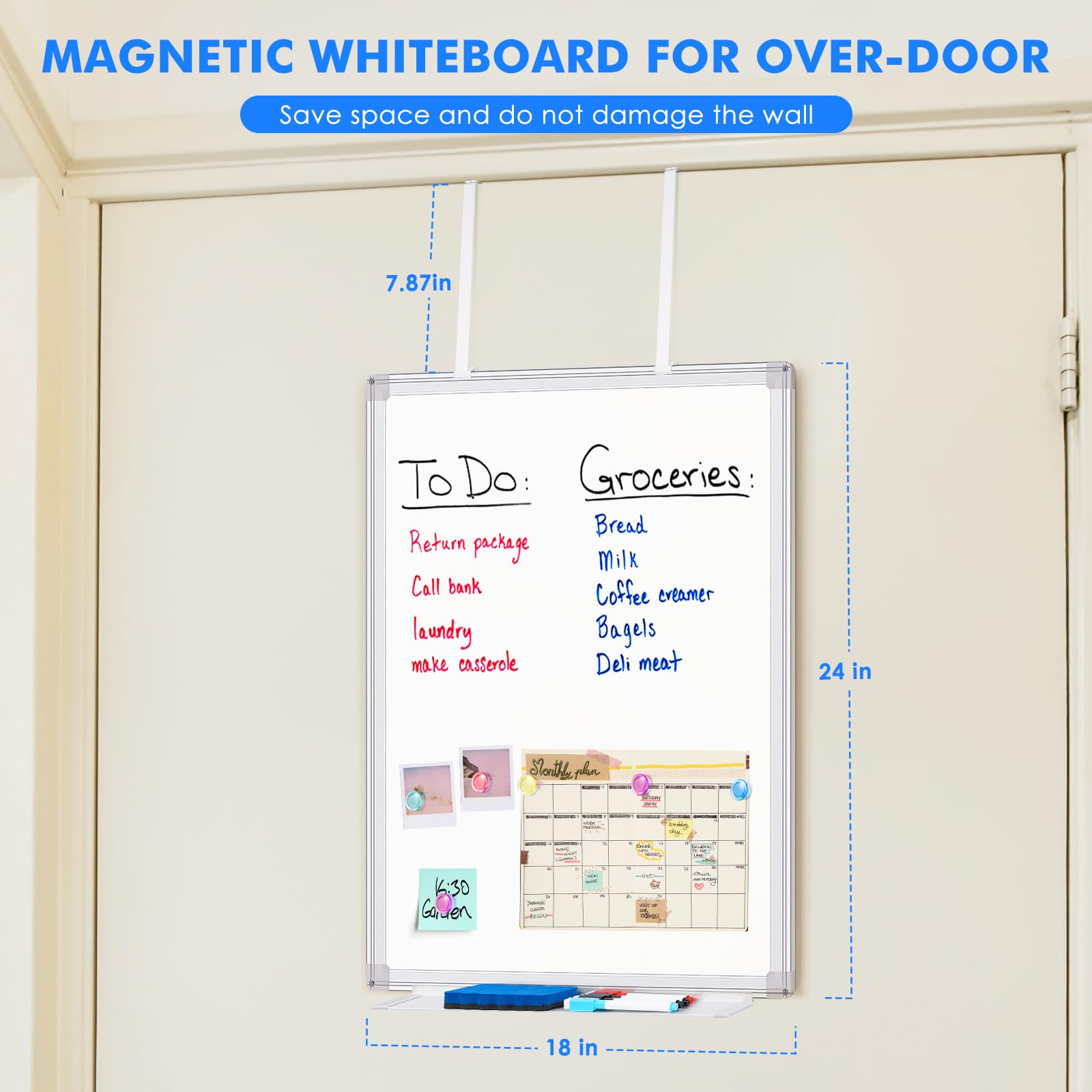 Magnetic Dry Erase Board for Doors, 24x18 Inch Whiteboard with Adjustable Long Arm Hook Mount - Easy to Install, Portable Hanging White Board for Home, Dorm Room, Office Cubicle & Small Spaces