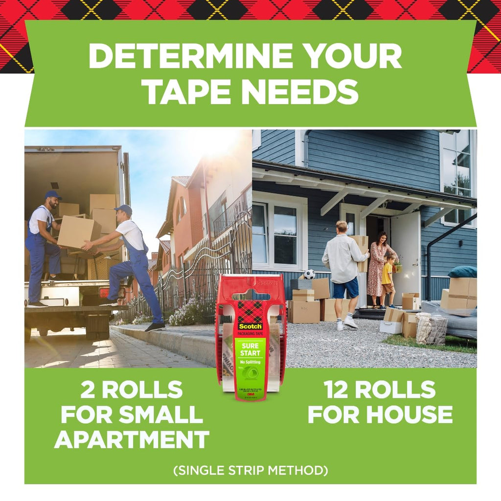 Scotch Sure Start Shipping Packaging Tape, 1.88" x 22.2 yd, Designed for Packing, Shipping and Mailing, Quiet Unwind, No Splitting or Tearing, 1.5" Core, Clear, 6 Dispensered Rolls (145-6)