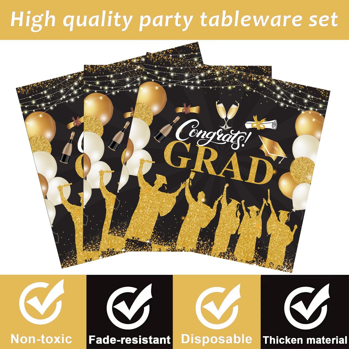 QYCX 72 Pcs Graduation Tableware Graduation Party Decorations Graduation Plates Napkins Cups Congratulation Grad Dinnerware Graduation Decor for 2024 Graduation Party Decorations Black Gold
