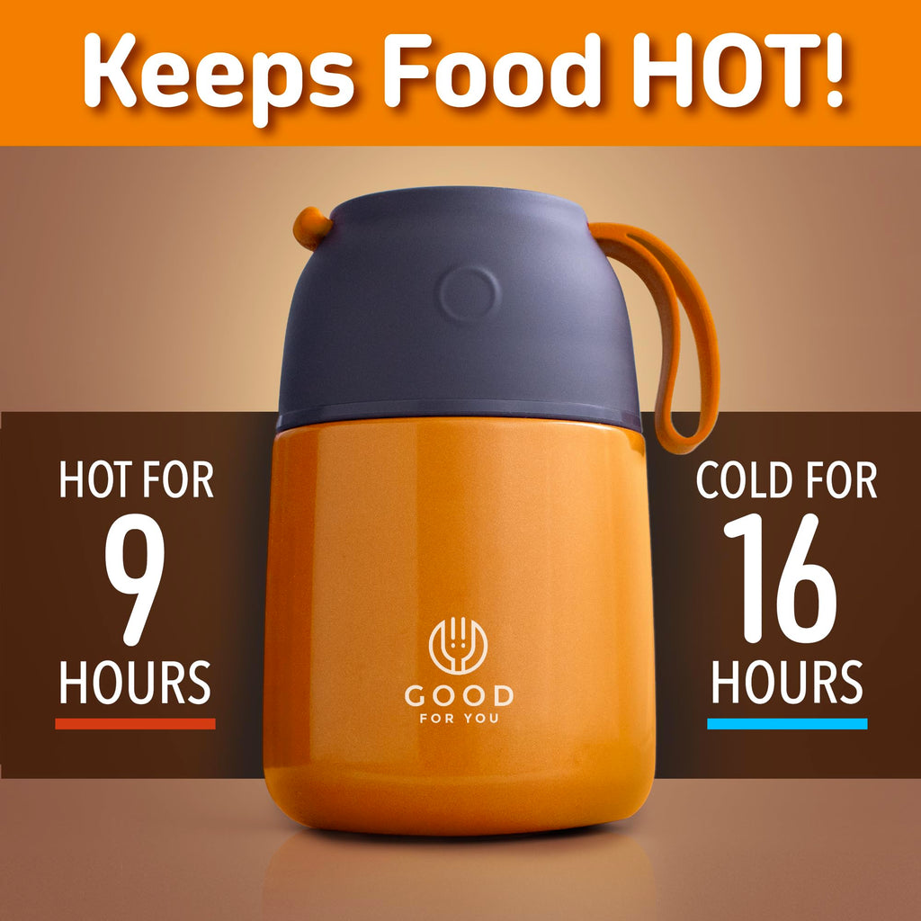 Insulated Food Flask - 530ml Stainless Steel Jar for Hot and Cold Meals – Double-Wall Insulation, Thermal Food Container for School, Office, Travel, Camping - Foldable Spoon, Bag - Orange - 24.7 oz…