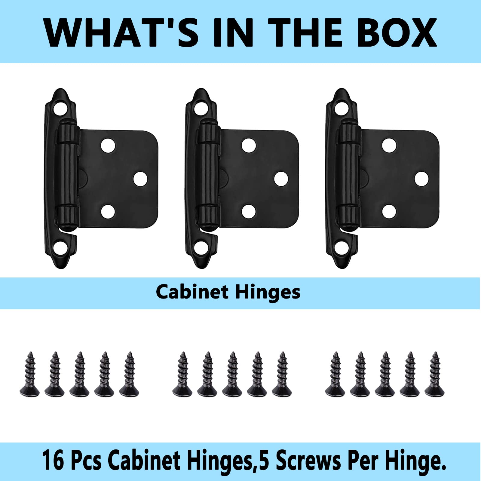 16 Pack Cabinet Hinges for Kitchen Cabinets,1/2" Overlay Cabinet Hinge Self Closing Kitchen Cabinet Door Hinges Black Kitchen Cabinet Door Hinges with Upgraded Screws(8 Pairs)