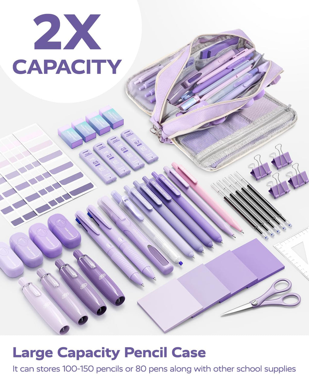 Four Candies Aesthetic School Supplies, 4 Gel Pens with Black Ink, 4 Correction Tape, 2 Pastel Highlighters, 2 Mechanical Pencils, Sticky Notes, Index Post for Back to School Supplies with Case Purple
