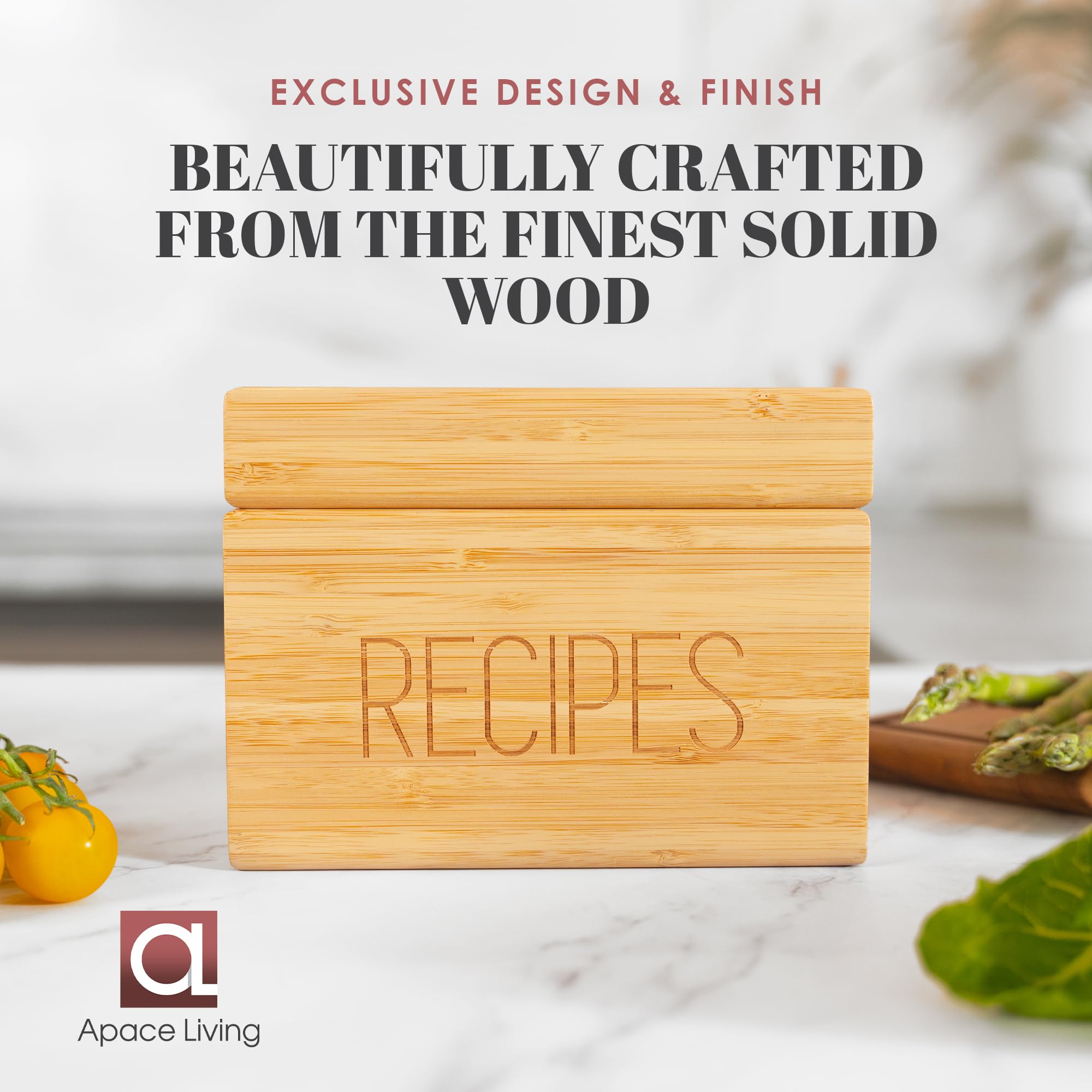 Recipe Box with Cards and Dividers by Apace - Vintage Style Wood 4x6 Recipe Holder Card Box - Exclusively from the Apace Living Premier Collection - Fits 240 Cards (Bamboo)