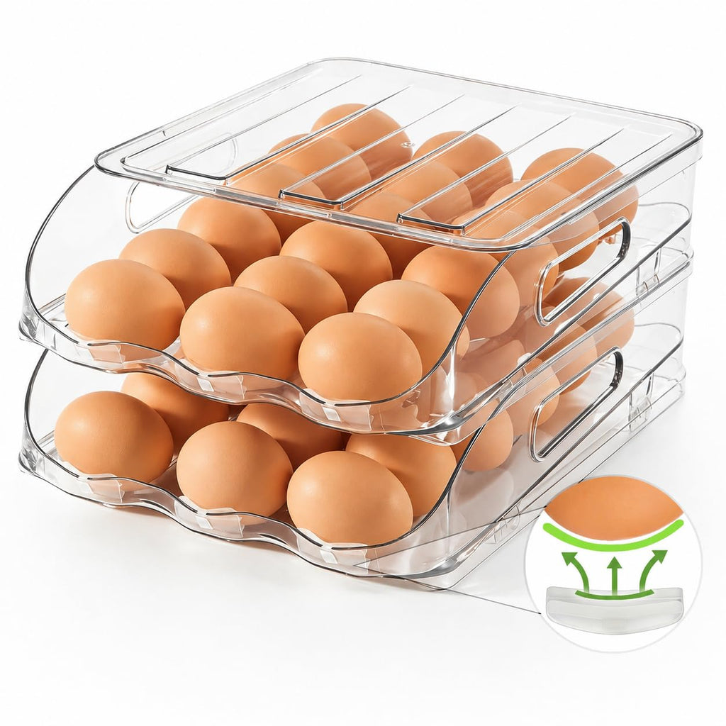 SMRCAD Egg Holder for Fridge, Automatic Stable Rolling Egg Dispenser with Handle & Silicone Pad for Refrigerator, Large Capacity Egg Organizer with Lid