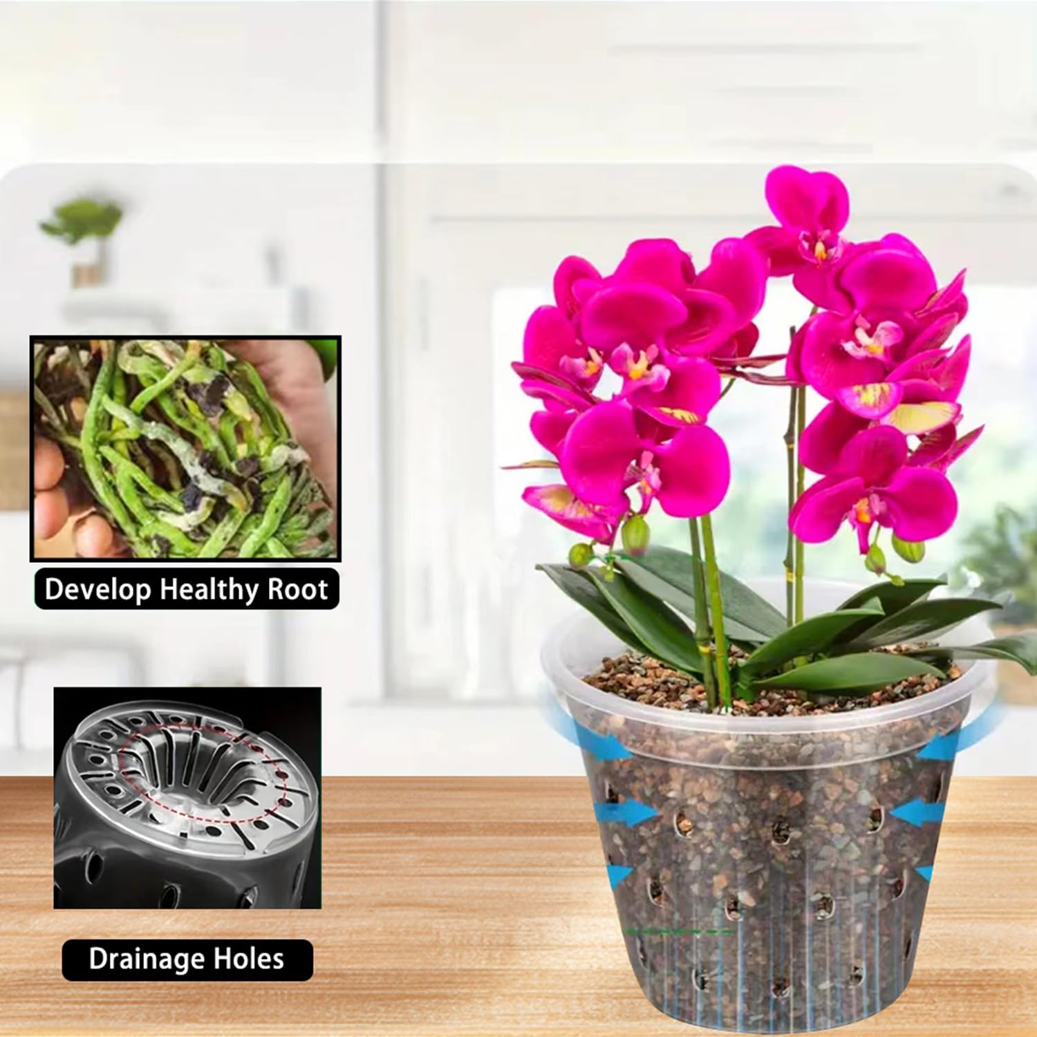 8pcs Orchid Pots with Saucers and Plant Stakes Set, 4" 5" 5.6" 6" Multi-Size, Clear Orchid Pot with Holes and Plant Support, Clear Plastic Breathable Orchid pots for Repotting