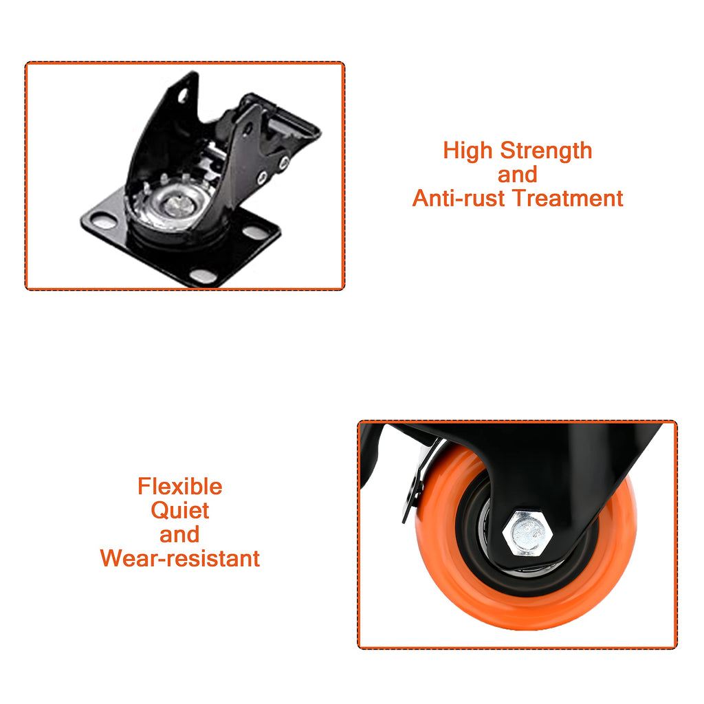 2 Inch Caster Wheels Load 600 Lbs,Orange Polyurethane Castors, Top Plate Swivel Wheels, Casters Set of 4, Locking Casters for Furniture and Workbench,4 Pack Casters with Brake