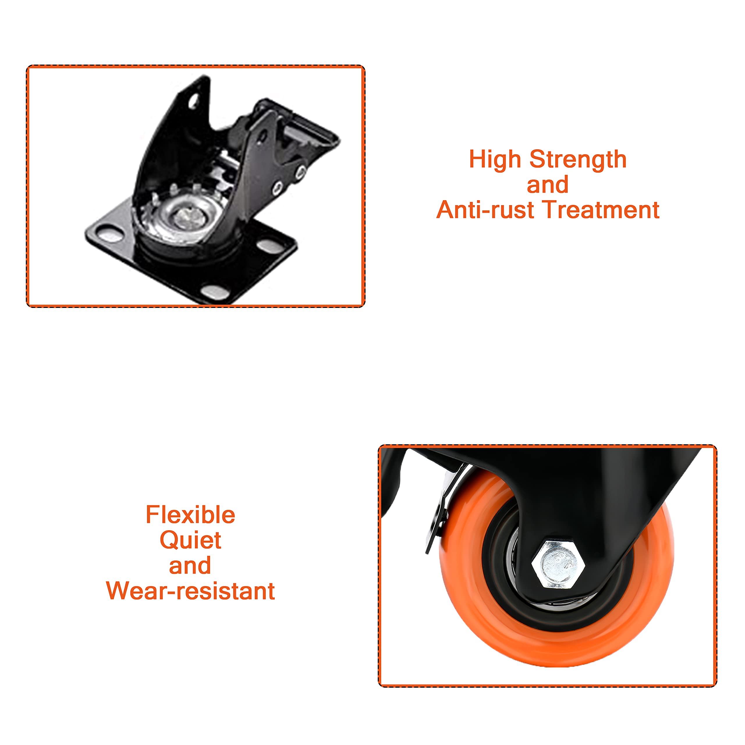2 Inch Caster Wheels Load 600 Lbs,Orange Polyurethane Castors, Top Plate Swivel Wheels, Casters Set of 4, Locking Casters for Furniture and Workbench,4 Pack Casters with Brake