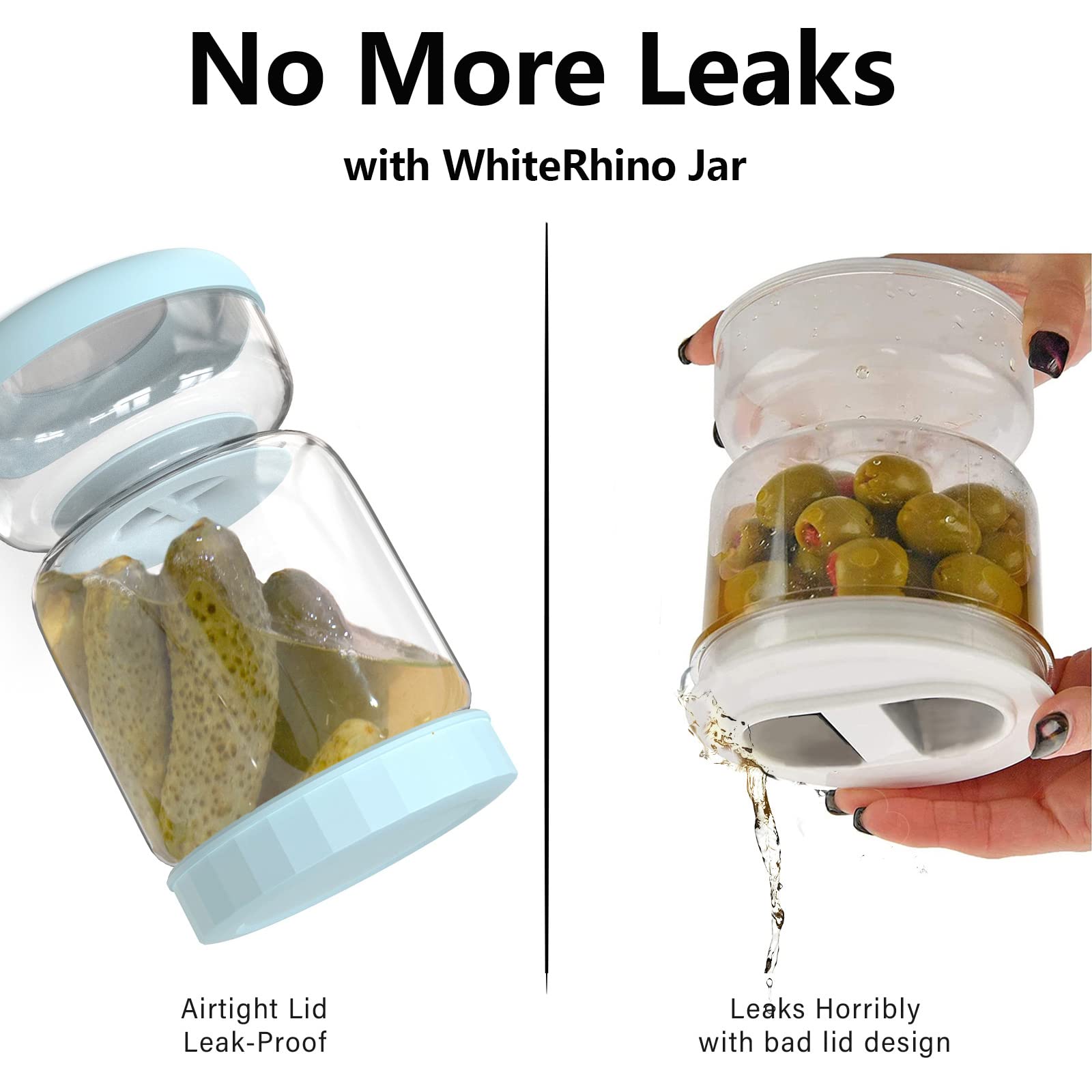 WhiteRhino Glass Pickle Container with Strainer,Olive Hourglass Jar,Pickle Jar Upside Down Kimchi for Jalapenos,Leakproof Airtight Lids and Refrigerator Dishwasher Safe (Blue/34oz)