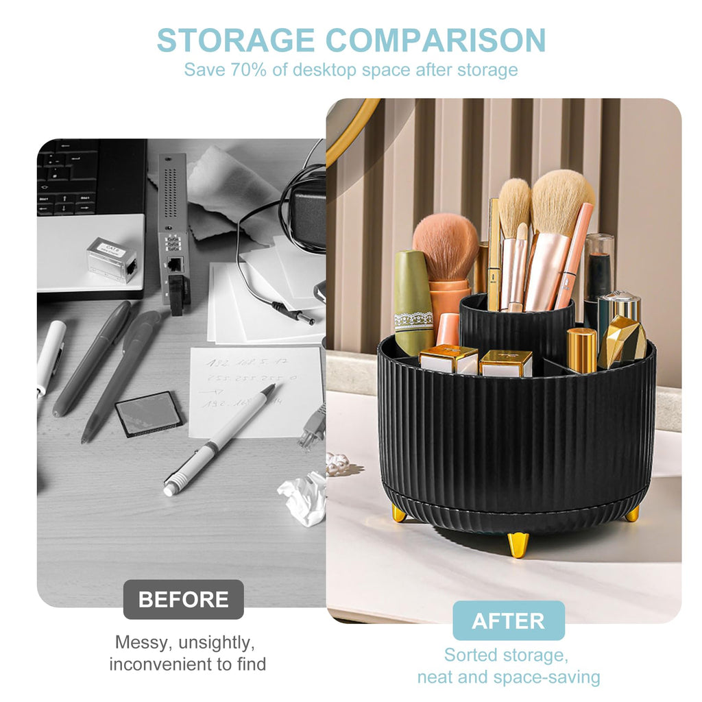 Cayxenful Pencil Holder For Desk,5 Slots 360°Degree Rotating Desk Organizers And Accessories,Desktop Storage Stationery Supplies Organizer, Cute Pencil Cup Pot For Office, School, Home (H-Black)