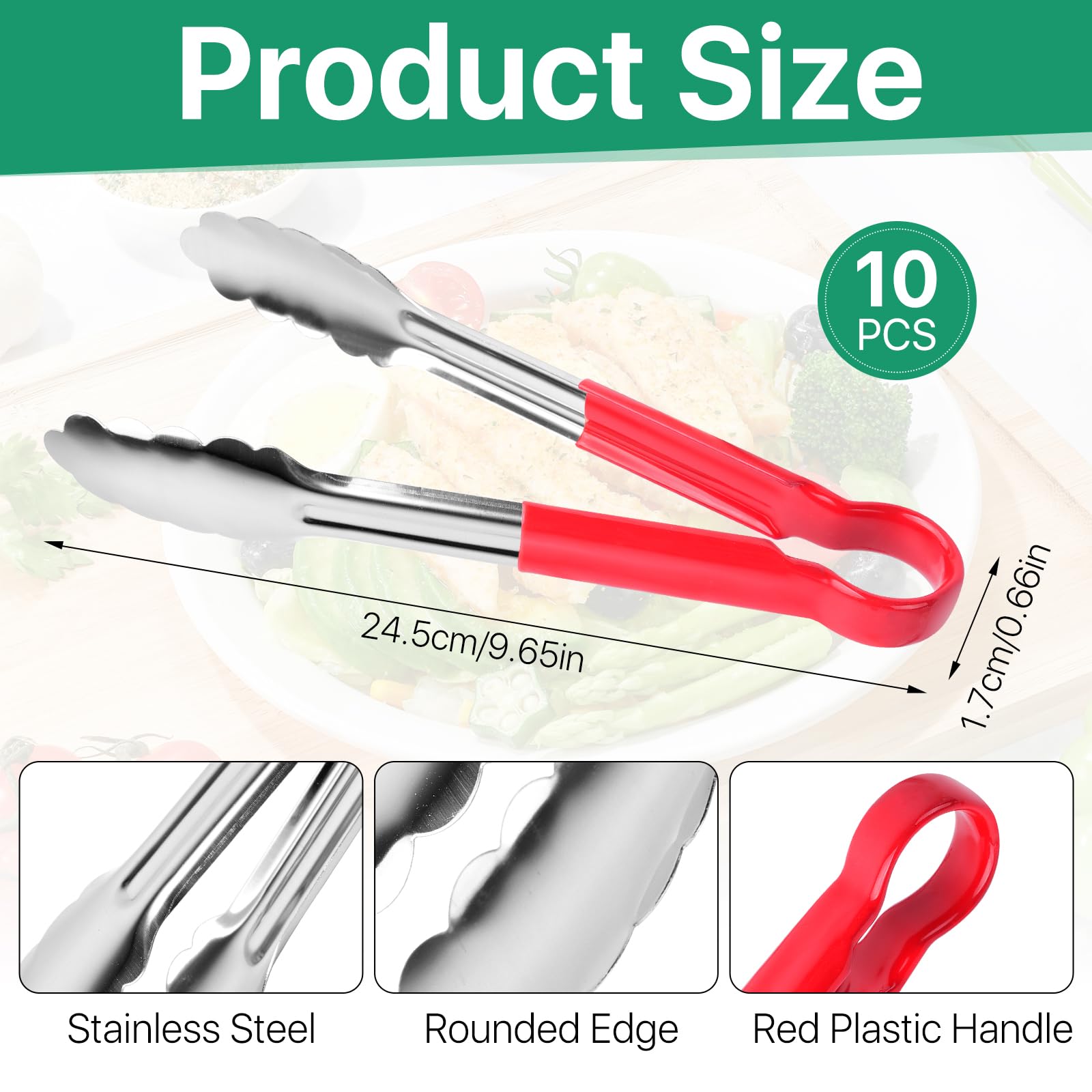 Worldity 10 Pack 9 in Kitchen Tongs, Heat Resistant Stainless Steel Serving Tongs with Non-Slip Handle, Red Serving Tong for Cooking, BBQ, Buffet, Dinner