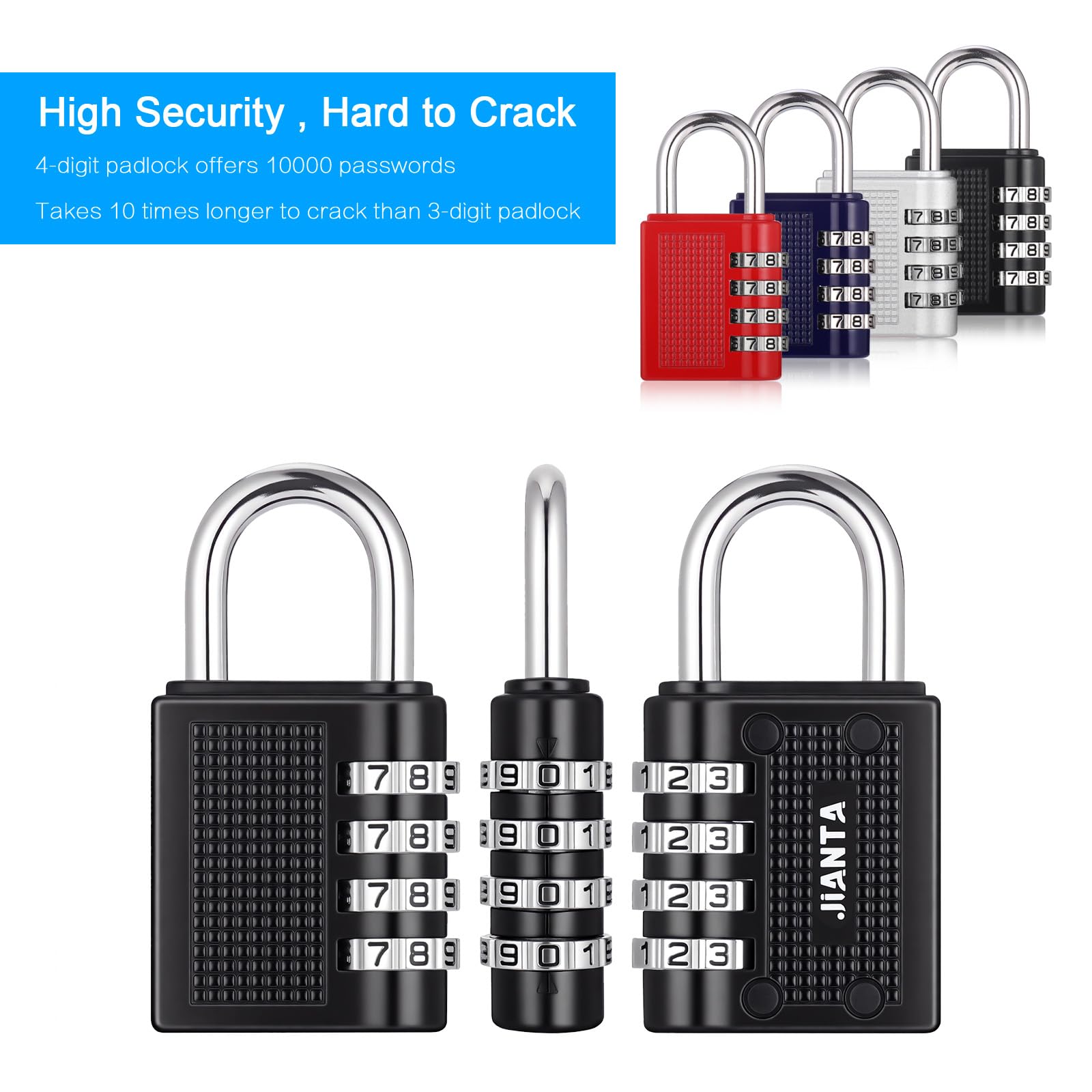 JIANTA 4 Pack Combination Lock, 4 Digit Combination Padlock, Outdoor Waterproof Padlock for School Gym Locker, Padlocks with Code, Luggage Locks (Black Red Silver Blue)