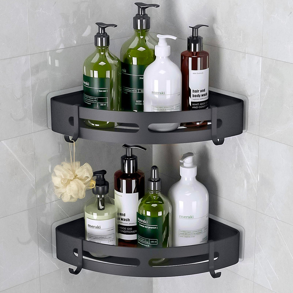 Mayhomy Shower Shelves Corner Caddy - 2 Piece No-Drill Shower Shelf Organizer, Adhesive Bathroom Shampoo Holder with 4 Hooks (Matte Black)