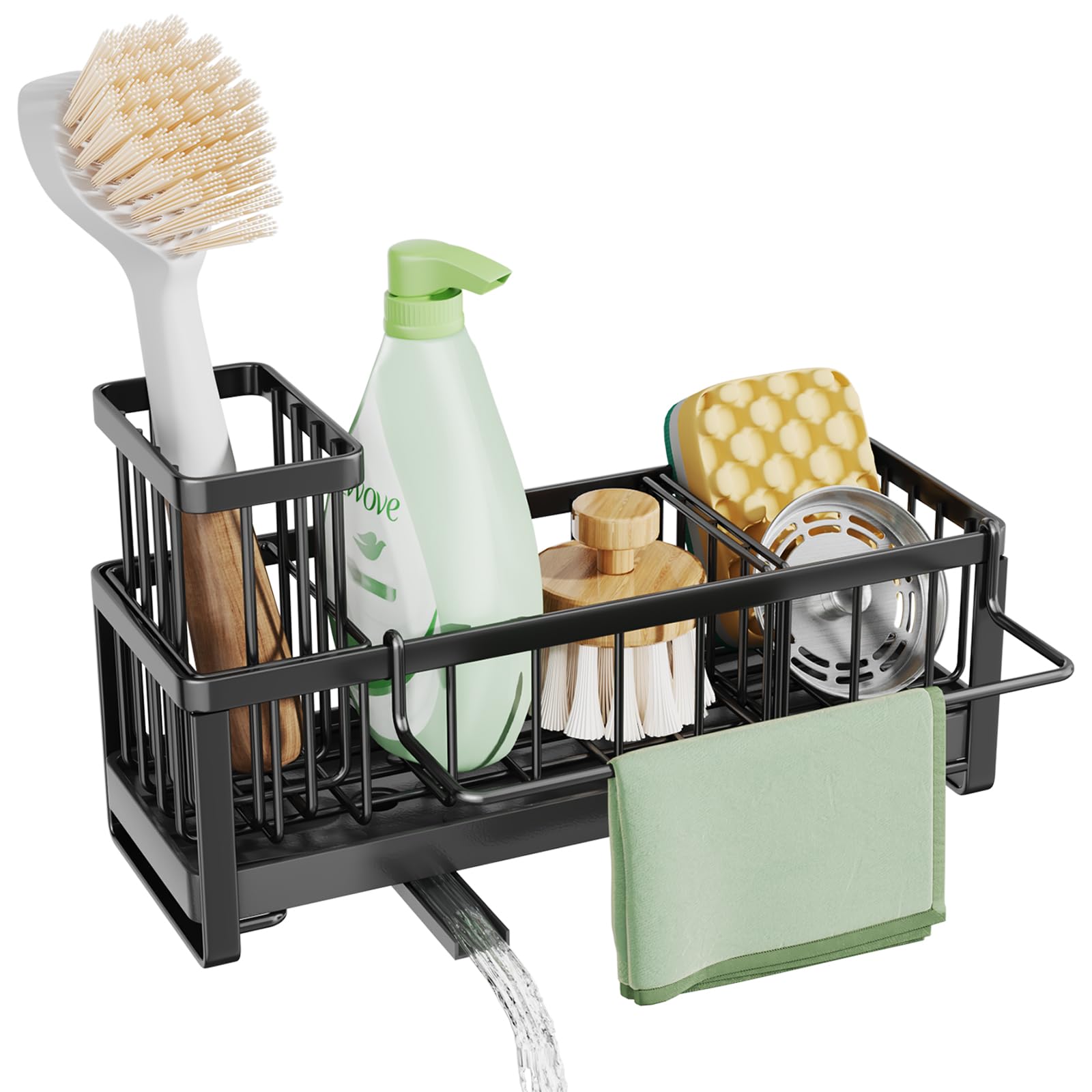 SWTYMIKI Sponge Holder for Kitchen Sink - Kitchen Sink Caddy Organzier with Auto Draining Tray & Brush Holder, Stainless Steel Dish Sponge Holder with Divider for Countertop, Black