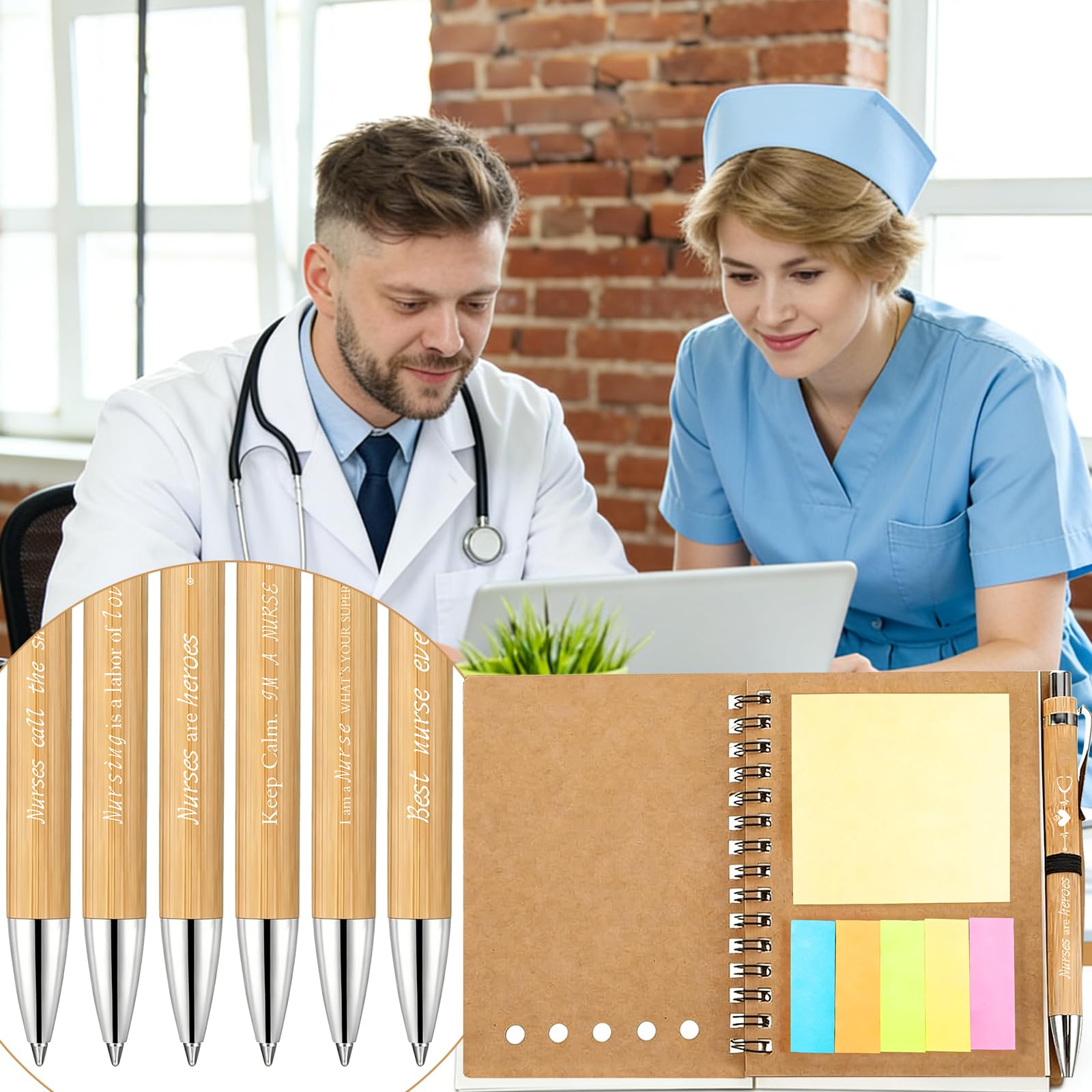 24 PCS Nurse Week Gifts 2026 Inspirational Bamboo Ballpoint Pens Spiral Notebook with Sticky Notes Nurse Appreciation Thank You Gifts for Coworker Staff Social Worker Volunteer Nurses Teacher Office