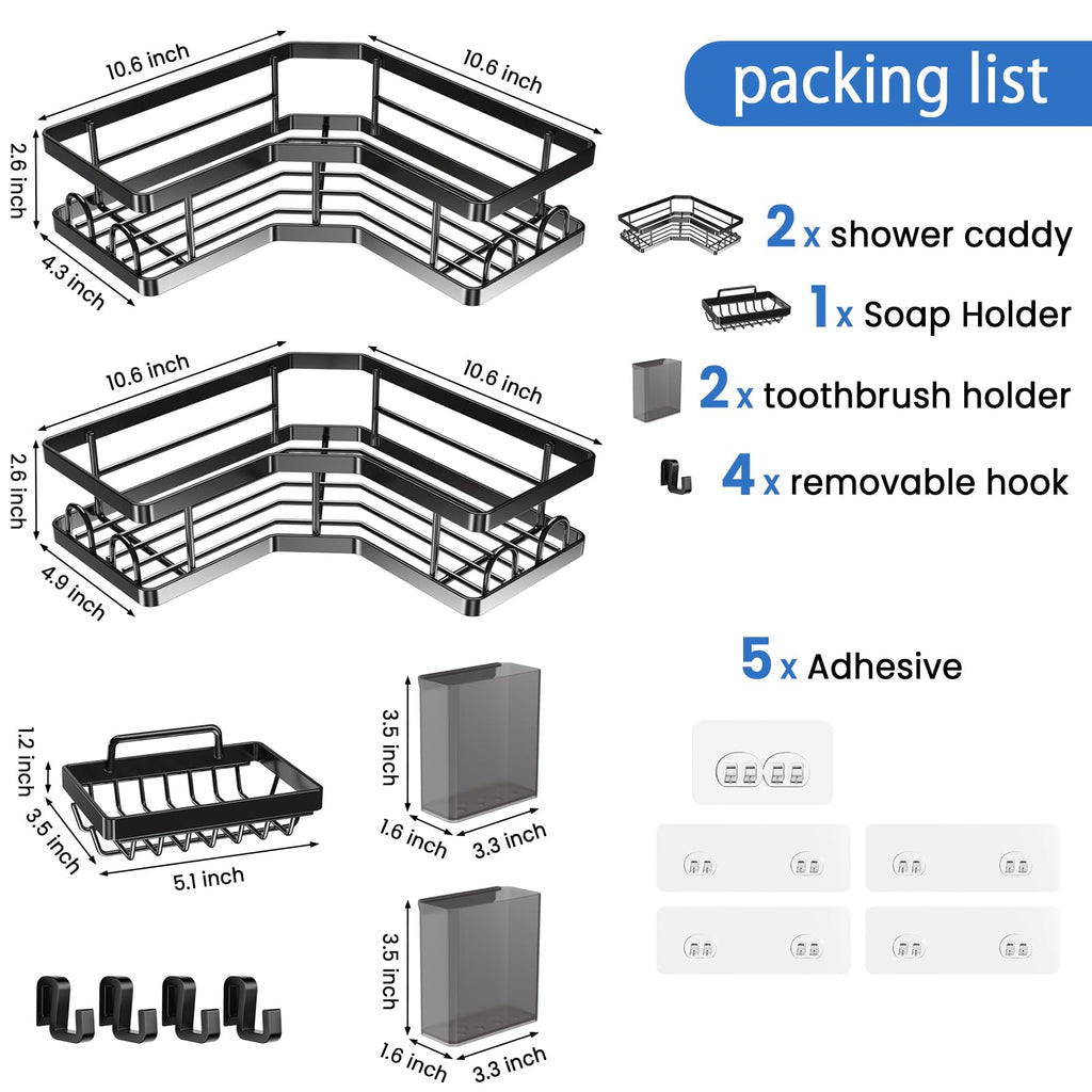PKBD Corner Shower Caddy 3 Pack, Shower Shelves No Drilling, Rustproof Stainless Steel Bathroom Organizers with Soap Holder, Hooks & Toothpaste Holders, Black