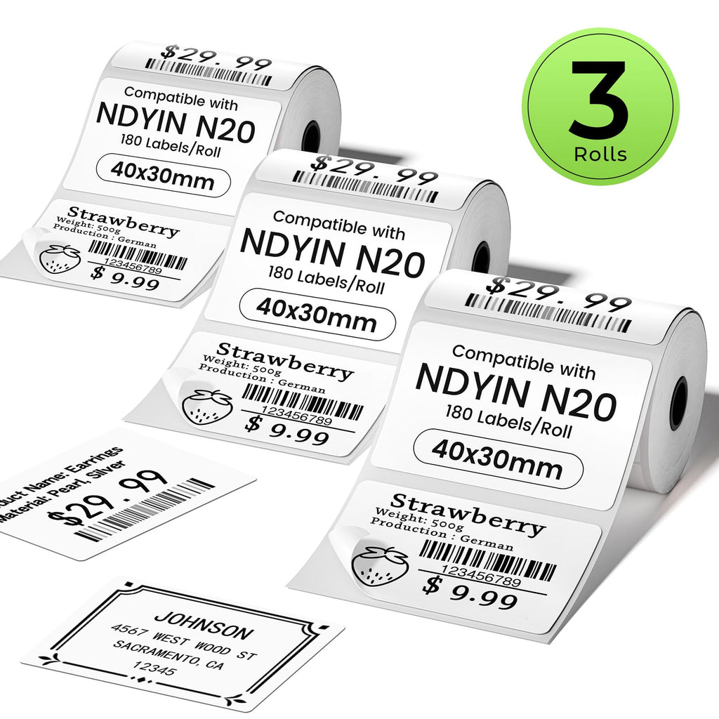 3-Rolls Thermal Labels Compatible with SUPVAN T50M pro,ETIKEZ PM260,NDYIN N20 and ORGSTA T003 Label Maker Tape, 40x30mm(1.57"x1.18"),230 Labels/Roll,Thermal Labels for N20 Label Maker