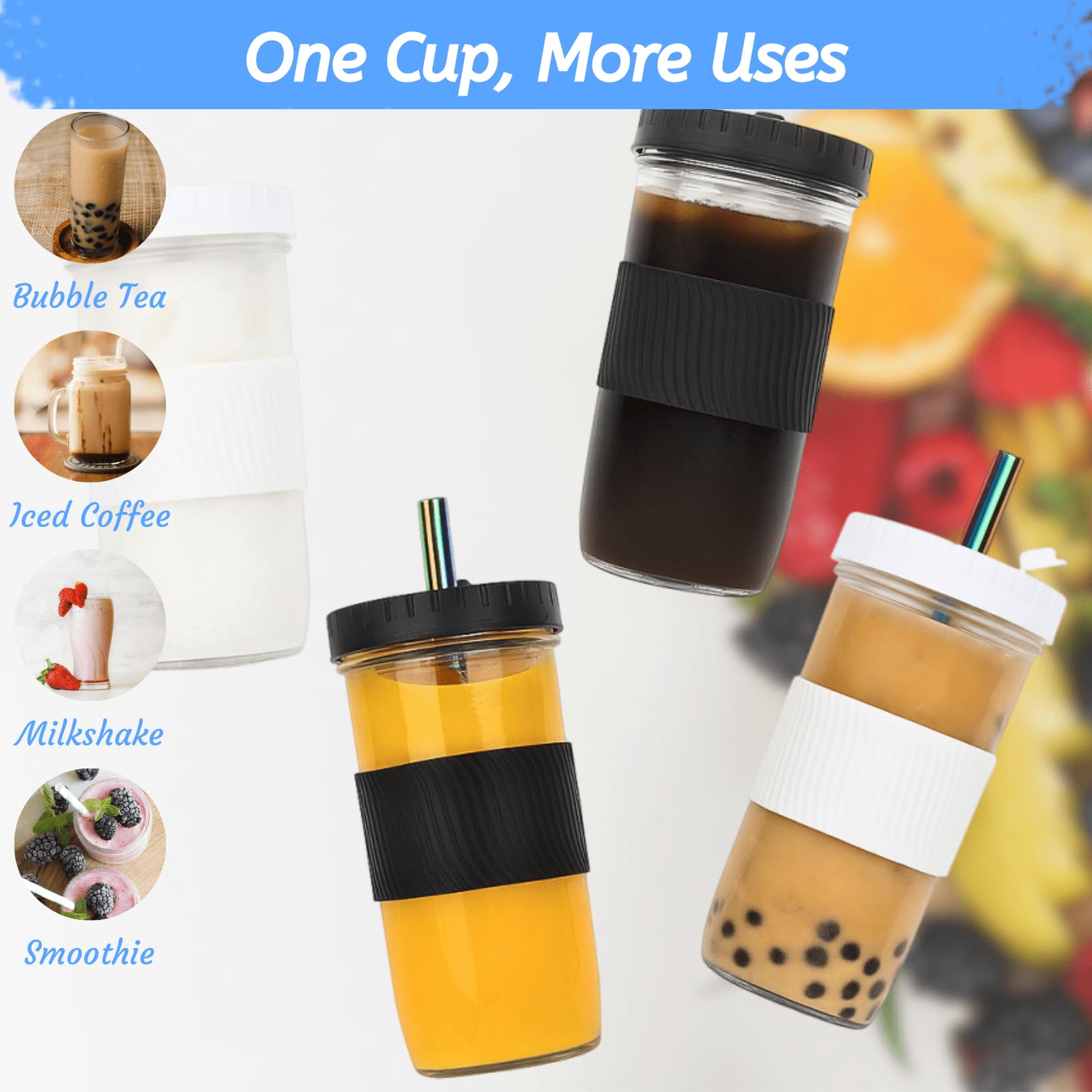 YOUEON 4 Pack 24 Oz Reusable Boba Cups with Lids and Straw, Iced Coffee Cups Glass Smoothie Cups, Mason Jar Cups with Sleeve, BPA Free, Dishwasher Safe, 2 Colors