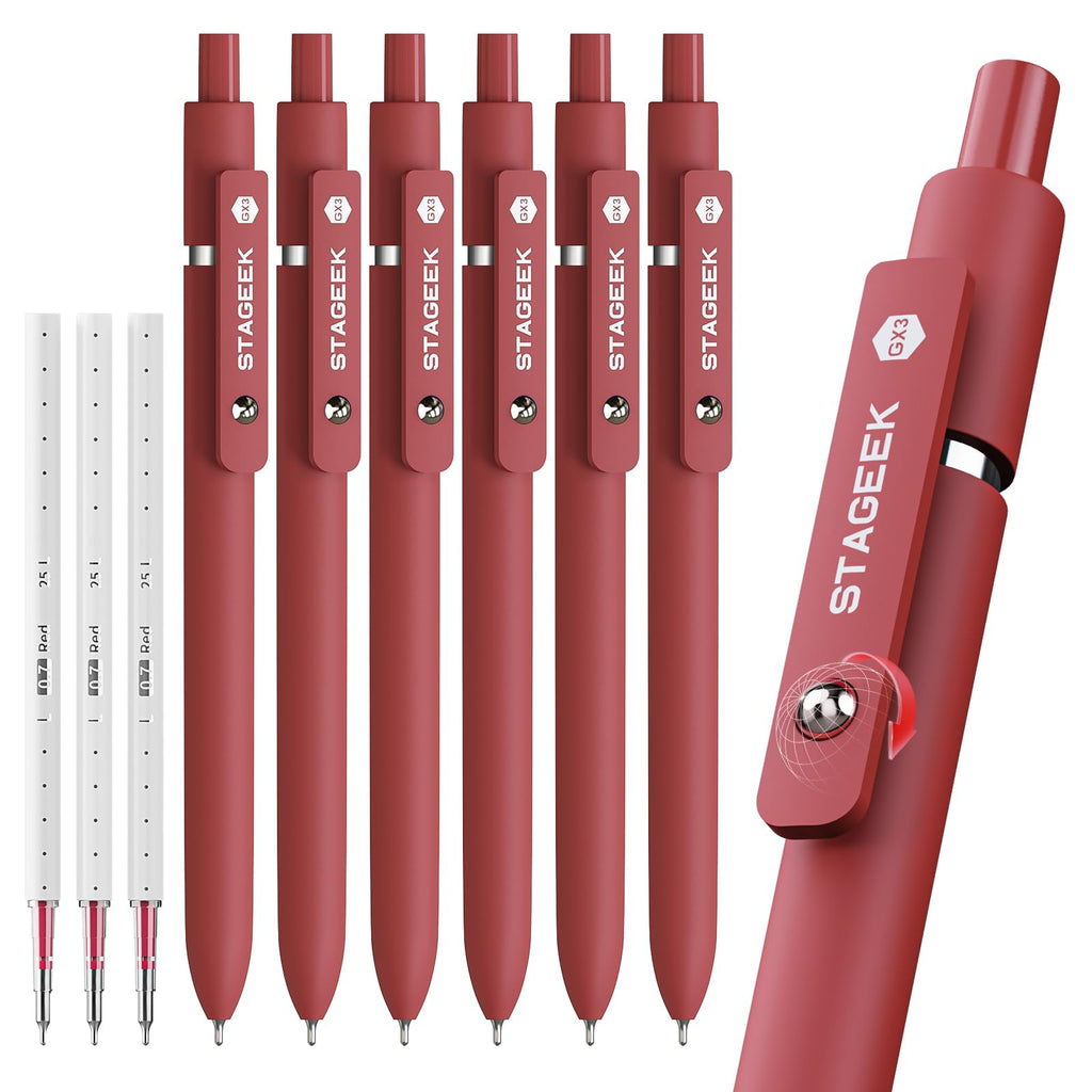 STAGEEK Red Gel Pens GX3, 6Pcs Quick Dry Red Ink Pens with 3 Extra Refills, Fine Point Retractable Smooth Writing Pens for Journaling, Note Taking, School Supplies, Nurse Aesthetic, Office(Red)