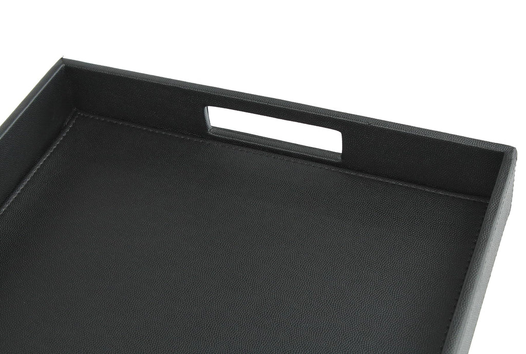 HofferRuffer Rectangle Serving Tray with Hole Handles for Coffee Table, Breakfast, Tea, Food, Butler - Countertop, Kitchen, Vanity Serve Tray, 16.2 x 12.2 x 2 inches, Faux Leather Tray (Black)