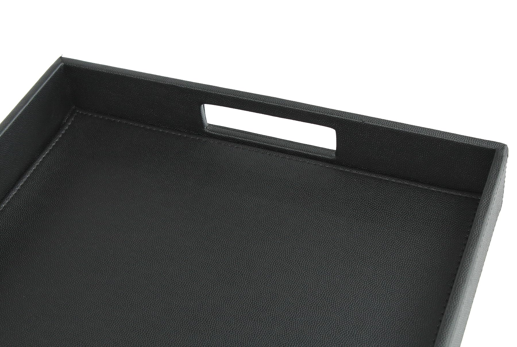 HofferRuffer Rectangle Serving Tray with Hole Handles for Coffee Table, Breakfast, Tea, Food, Butler - Countertop, Kitchen, Vanity Serve Tray, 16.2 x 12.2 x 2 inches, Faux Leather Tray (Black)
