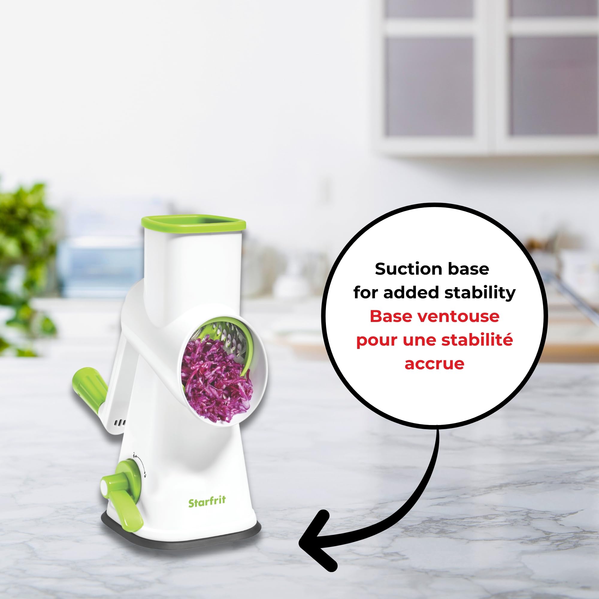 Starfrit Rotary Drum Grater, 4 Interchangeable Stainless Steel Drums, Slicing, Coarse and Fine Grating, Ice Shaving, Great for Vegetables, Cheese, Nuts, Chocolate, Easy to Use Hand Crank