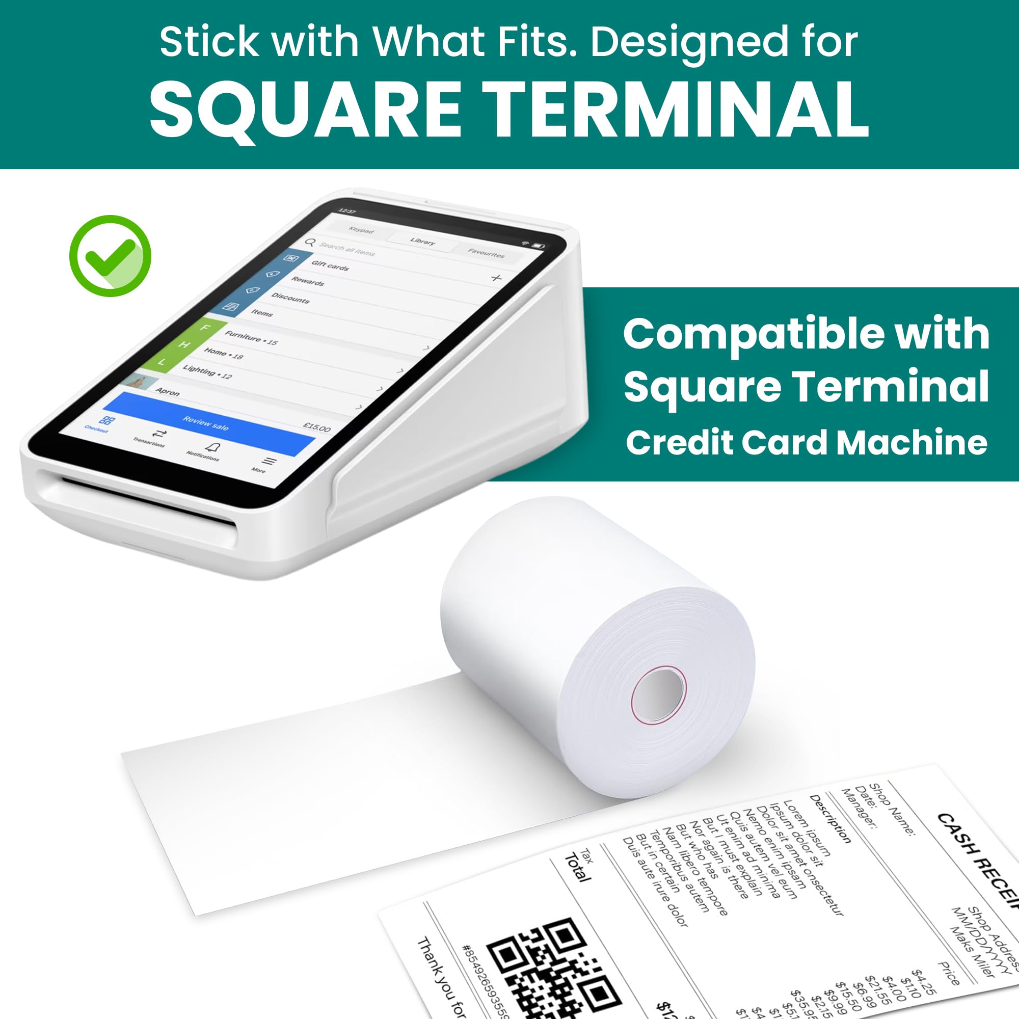 ReceiptPaperPro 2 1/4” x 60 ft Coreless Thermal Paper Receipt Rolls for Square Terminal, 20 Rolls
