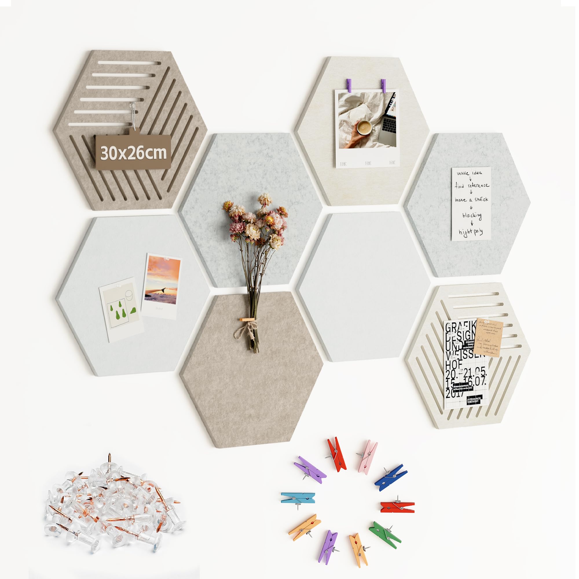 Hexagon Large Felt Bulletin Board Tiles - Cork Board Alternative for Wall 8 Pack Pin Board with 40 Push Pins, DIY Decor for Office Home Classroom Photos Memos