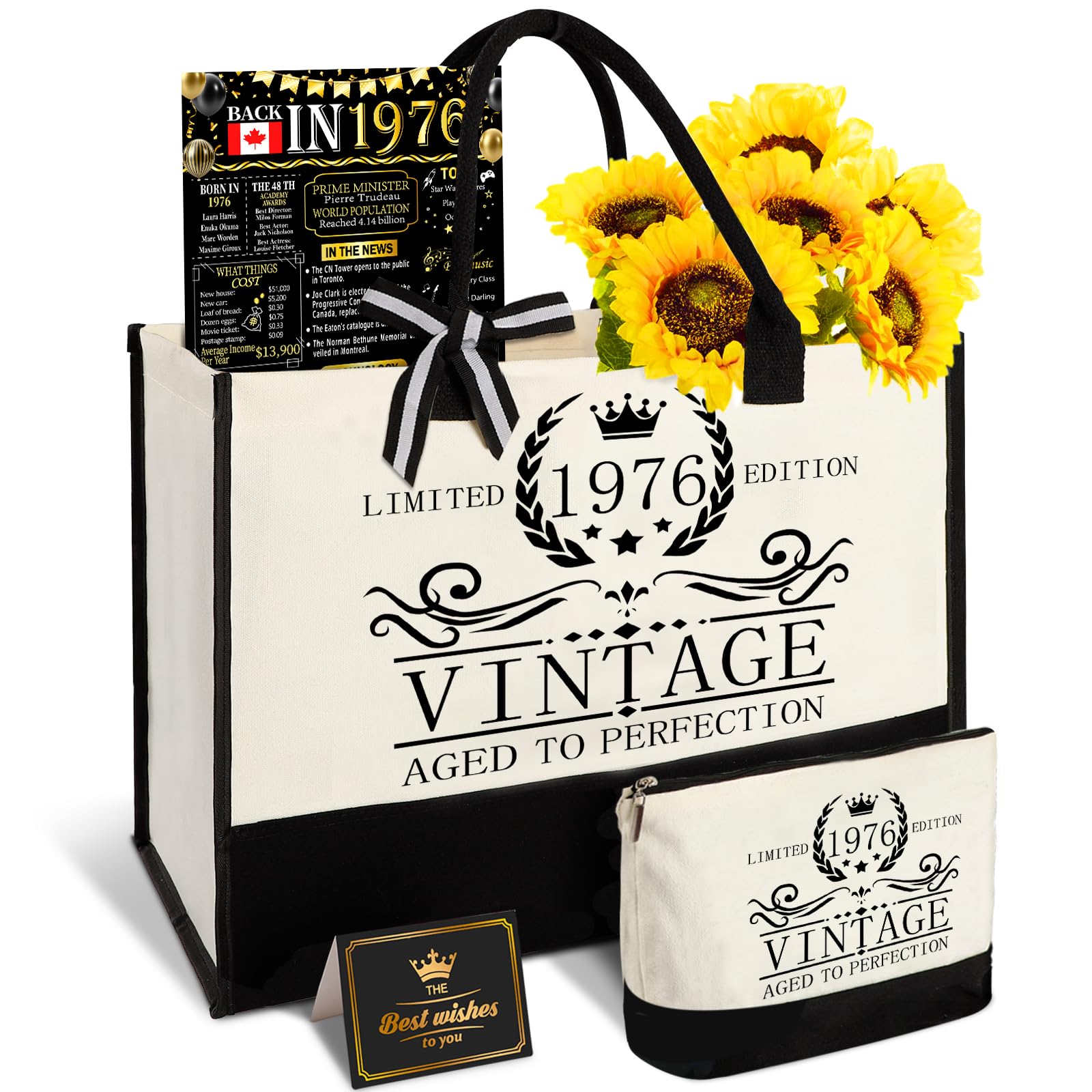 Shellspace 50th Birthday Gifts for Women, Happy 50 Year Old Birthday Gift for Mom Sister Aunt Wife Grandma Friends Her, Unique Gifts Set with Vintage Canvas Tote Bag,Cosmetic Bag,Back in 1976 Poster