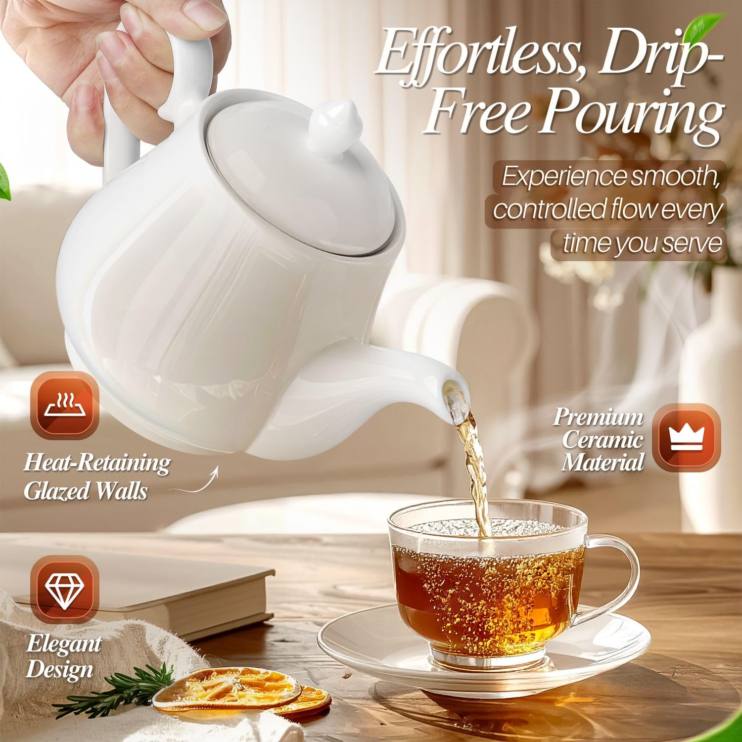 Flexzion Ceramic Teapot - 24oz White Porcelain Tea Pot with Lid for Loose Leaf or Bagged Tea, Small 2-3 Cup Personal Teapot, Classic Ceramic Teapots for Brewing, Microwave & Dishwasher Safe
