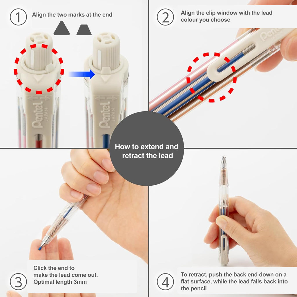Pentel Art Multi 8 Colour Pencil (2.0mm) XPH804 8 Colours in 1 Pencil, 12 Refill Lead Colours and Lead Sharpener