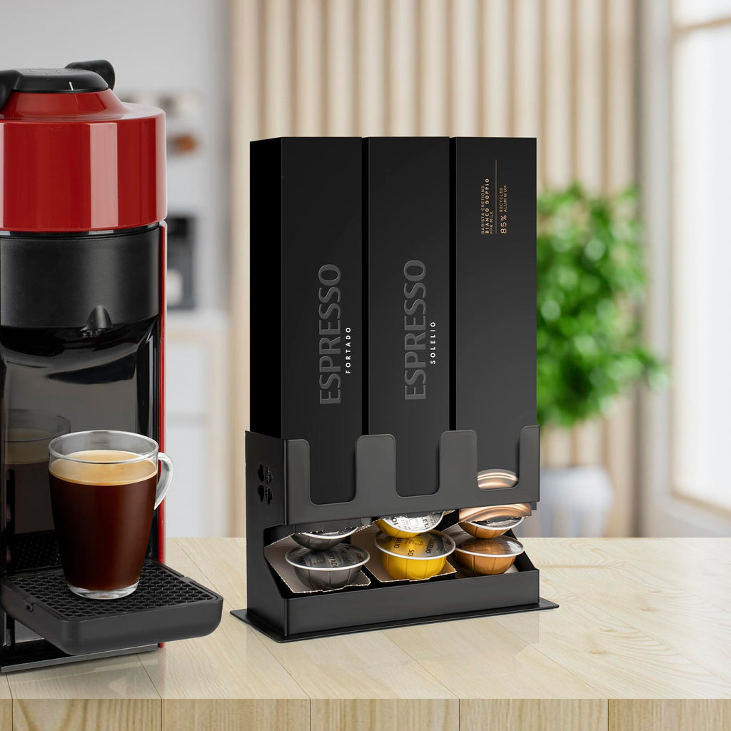 RECAPS Coffee Pod Storage Holder Dispenser (3 Box Sleeve Holder)Compatible with Nespresso Vertuoline Vertuo, Countertop Organizer Stand with Non-Slip Steel Base, Dispenses 3 Coffee Flavors (30 Vertuo Capsules)