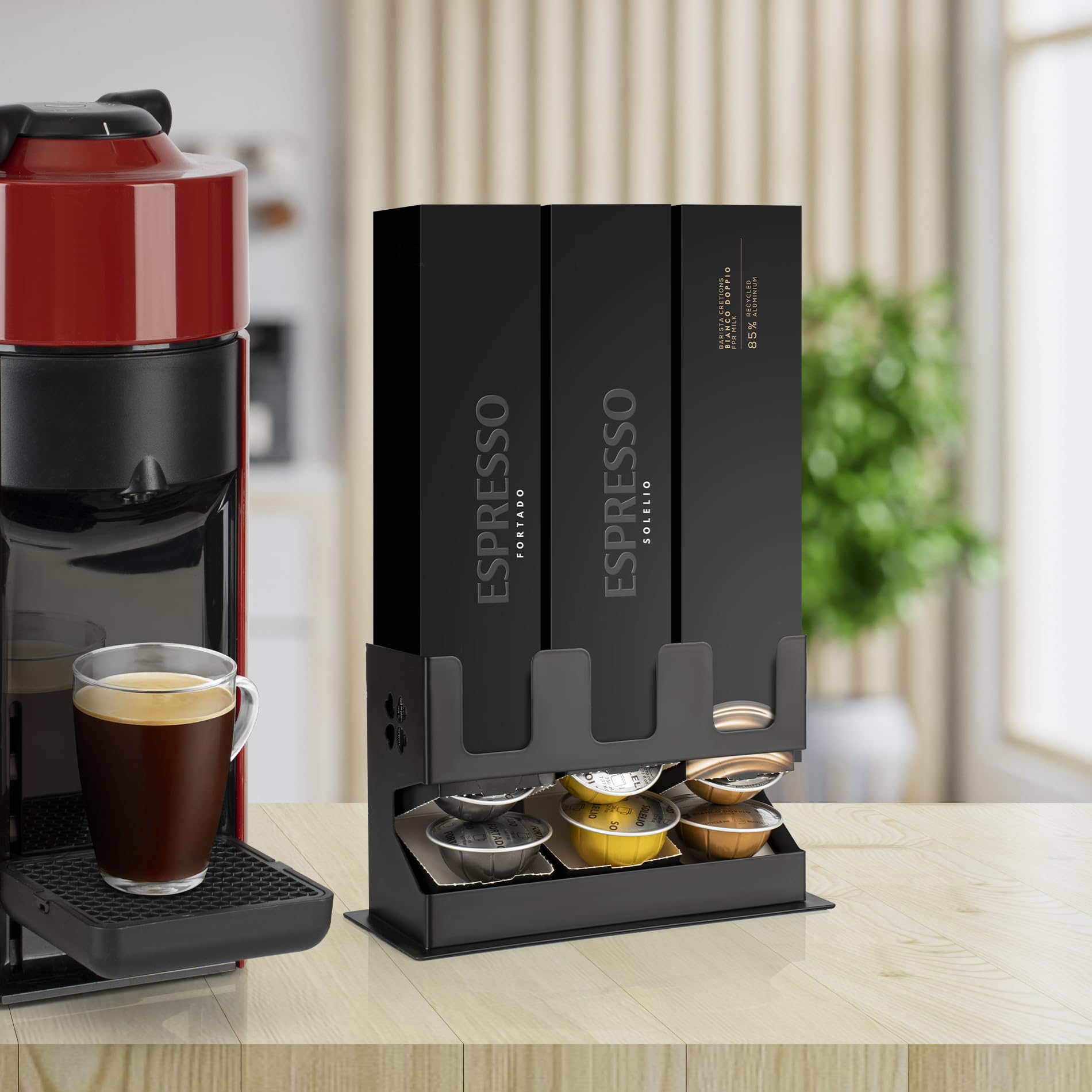 RECAPS Coffee Pod Storage Holder Dispenser (3 Box Sleeve Holder)Compatible with Nespresso Vertuoline Vertuo, Countertop Organizer Stand with Non-Slip Steel Base, Dispenses 3 Coffee Flavors (30 Vertuo Capsules)