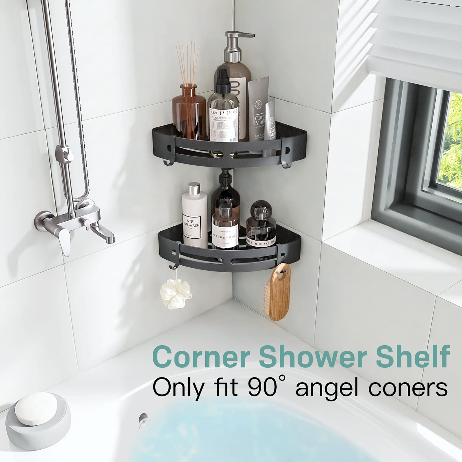 Mayhomy Shower Shelves Corner Caddy - 2 Piece No-Drill Shower Shelf Organizer, Adhesive Bathroom Shampoo Holder with 4 Hooks (Matte Black)