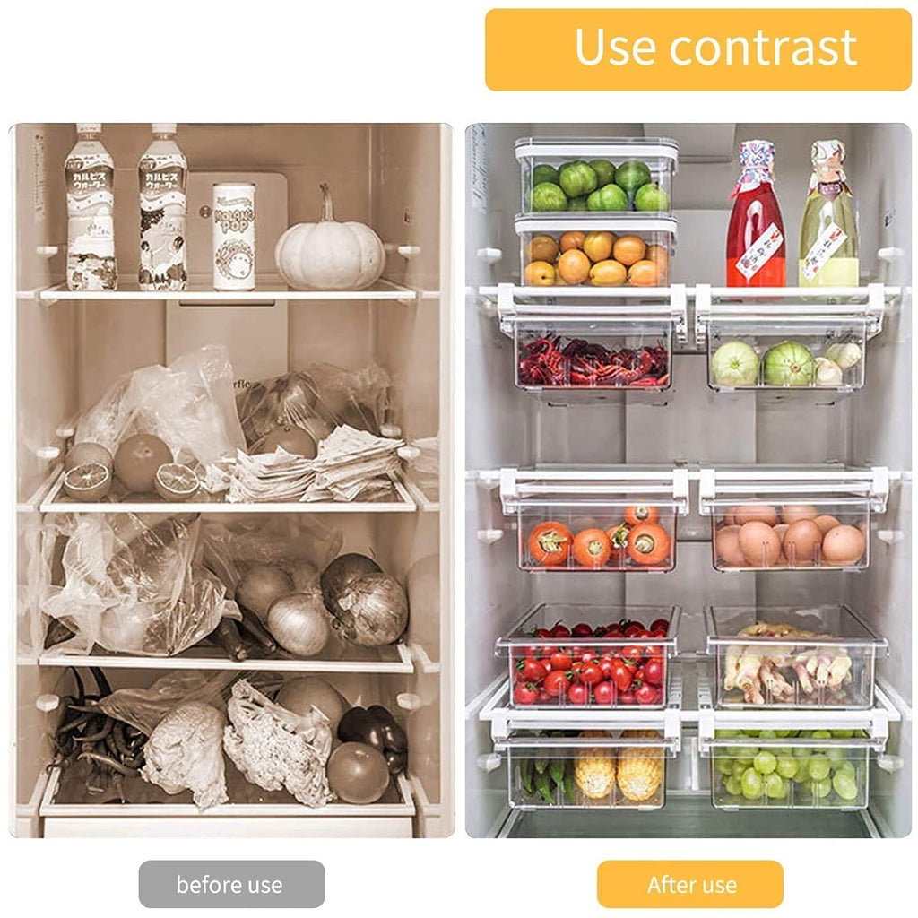 2 Pack Refrigerator Organizer Bins,Pull-Out Fridge Storage Drawer Design,Freely Pullable Refrigerator Storage Box with 4 Divided Sections,Fit for Fridge Shelf Under 0.6"