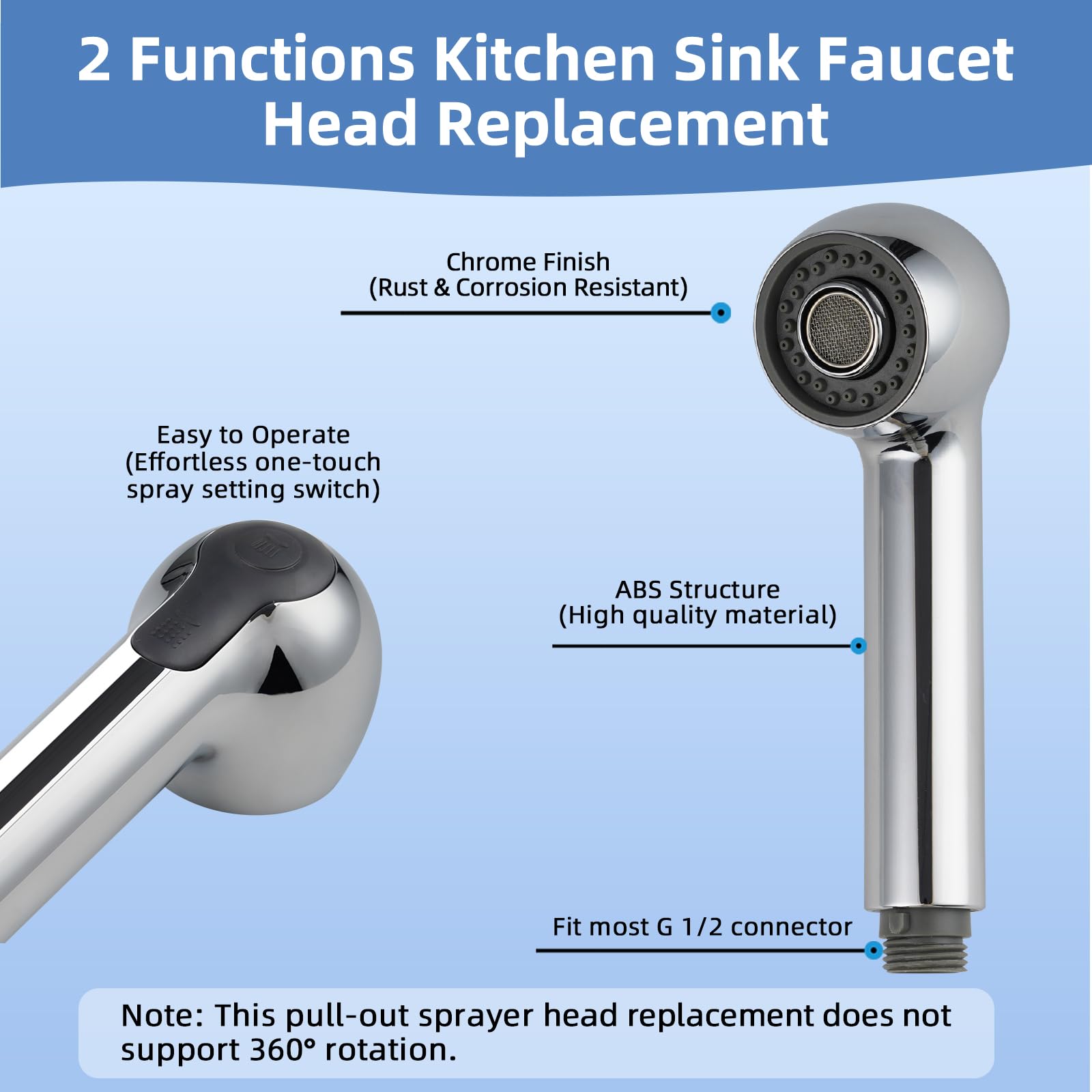 Hibbent Pull Out Sink Sprayer Head Replacement, 2 Function Kitchen Sink Faucet Sprayer Head, Spray Head Faucet Head Kitchen Tap Sprayer Spout, Chrome