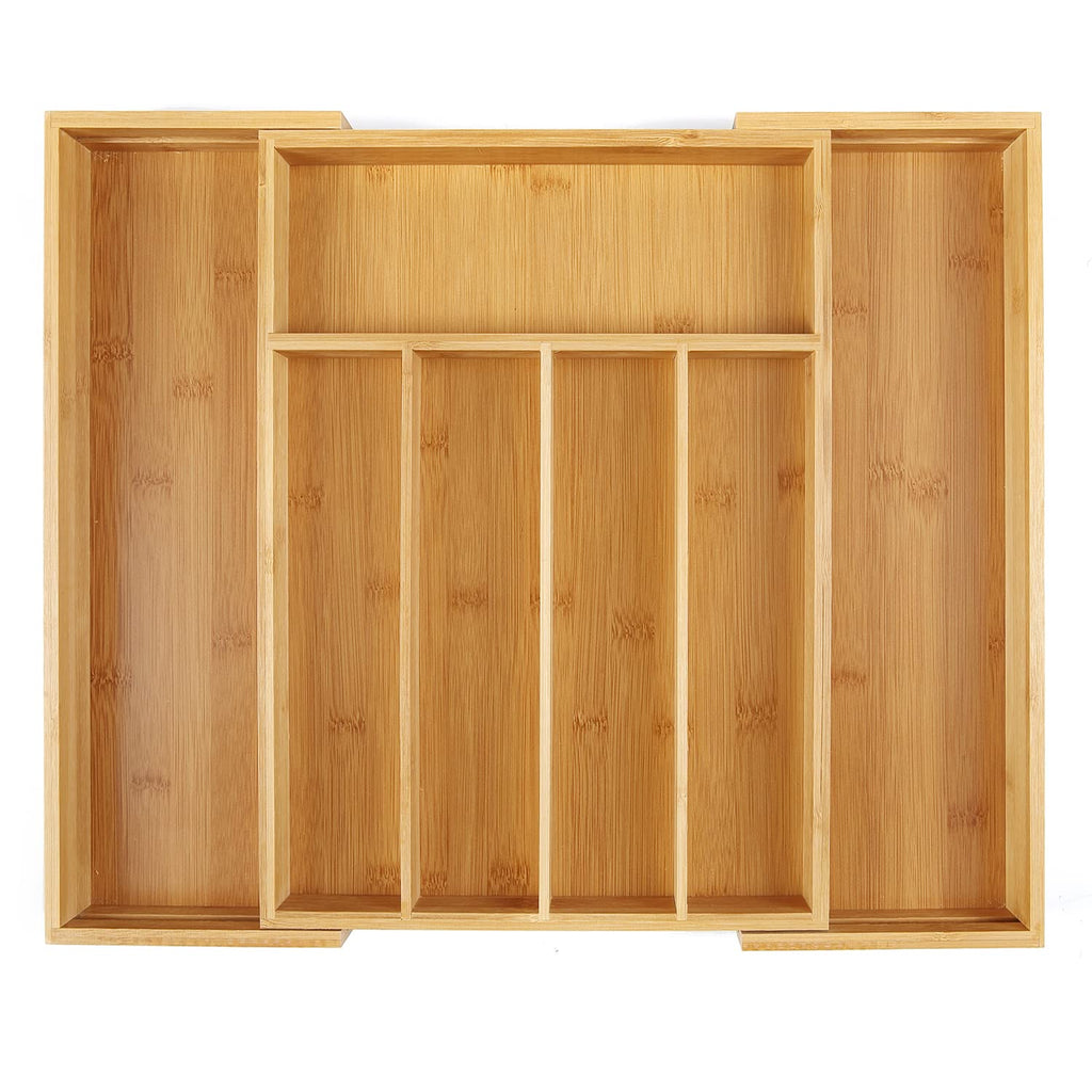 SafeHouseware Bamboo Expandable Cutlery Organizer Tray: Holds Silverware, Flatware, Utensils, Cutlery, Accessories or Gadgets Size:11.5" - 18" W X 15"d X 2" H