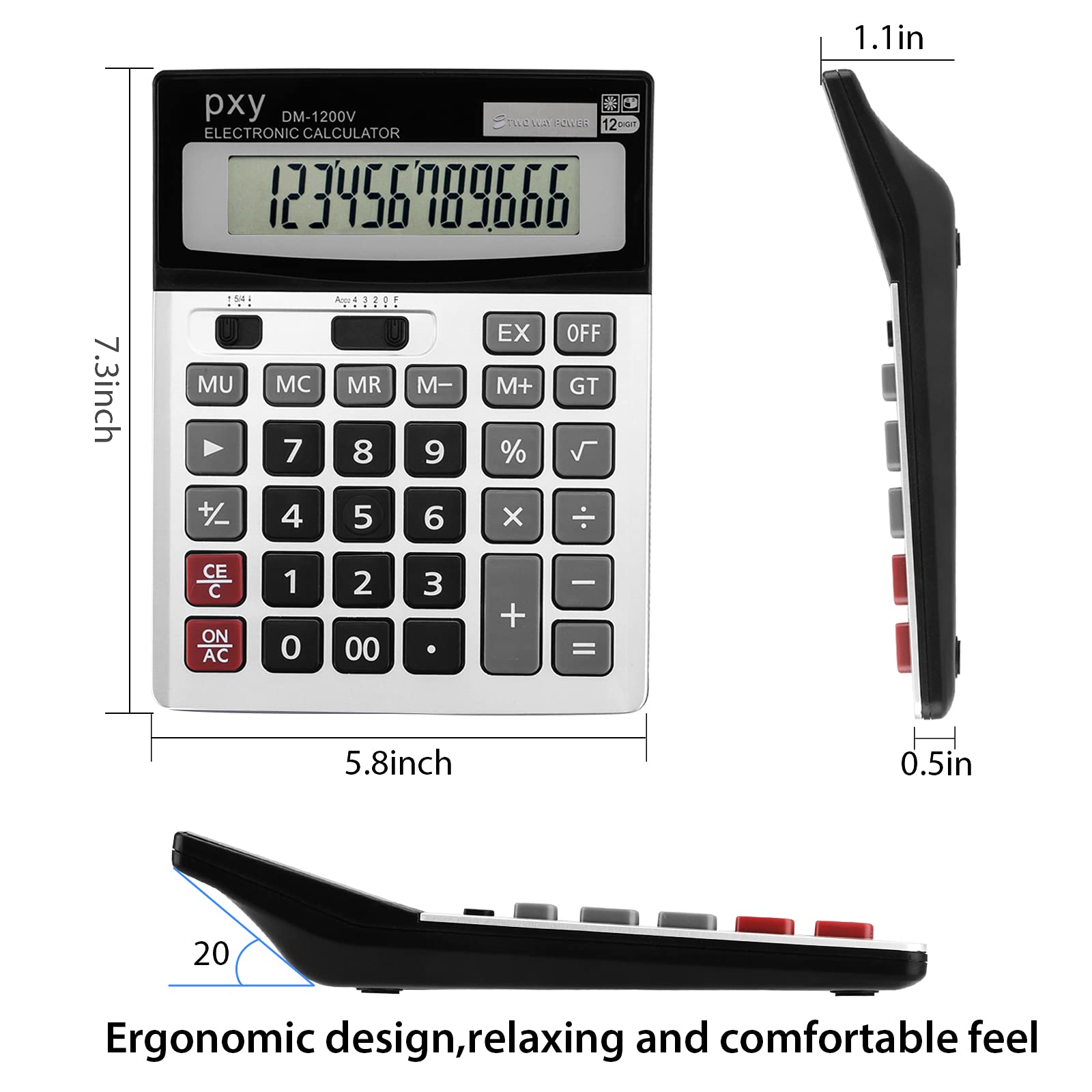 Large Desk Calculator Basic, Touch Comfortable with Large Buttons, PXY Two Way Power Battery and Solar Standard Function Office Calculators,12 Digit Calculatrice Large Display Clearly