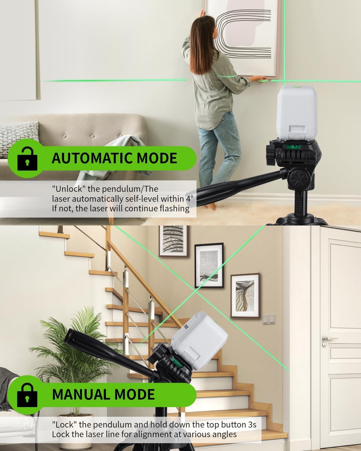 Firecore Cross Line Laser Level Self Leveling, DIY Indoor Green Beam Lazer Leveler Tool with IP54 Rating, Niveau Laser for Hanging Pictures Wall Painting Cabinet Shelves Light Installation