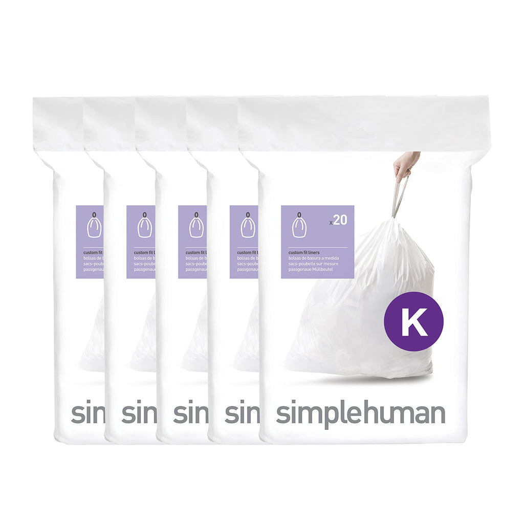 simplehuman Code K 100 Count, Dispenser Pack Custom Fit Liners, Drawstring Trash Bags, 35-45L / 9-12 Gallons, White