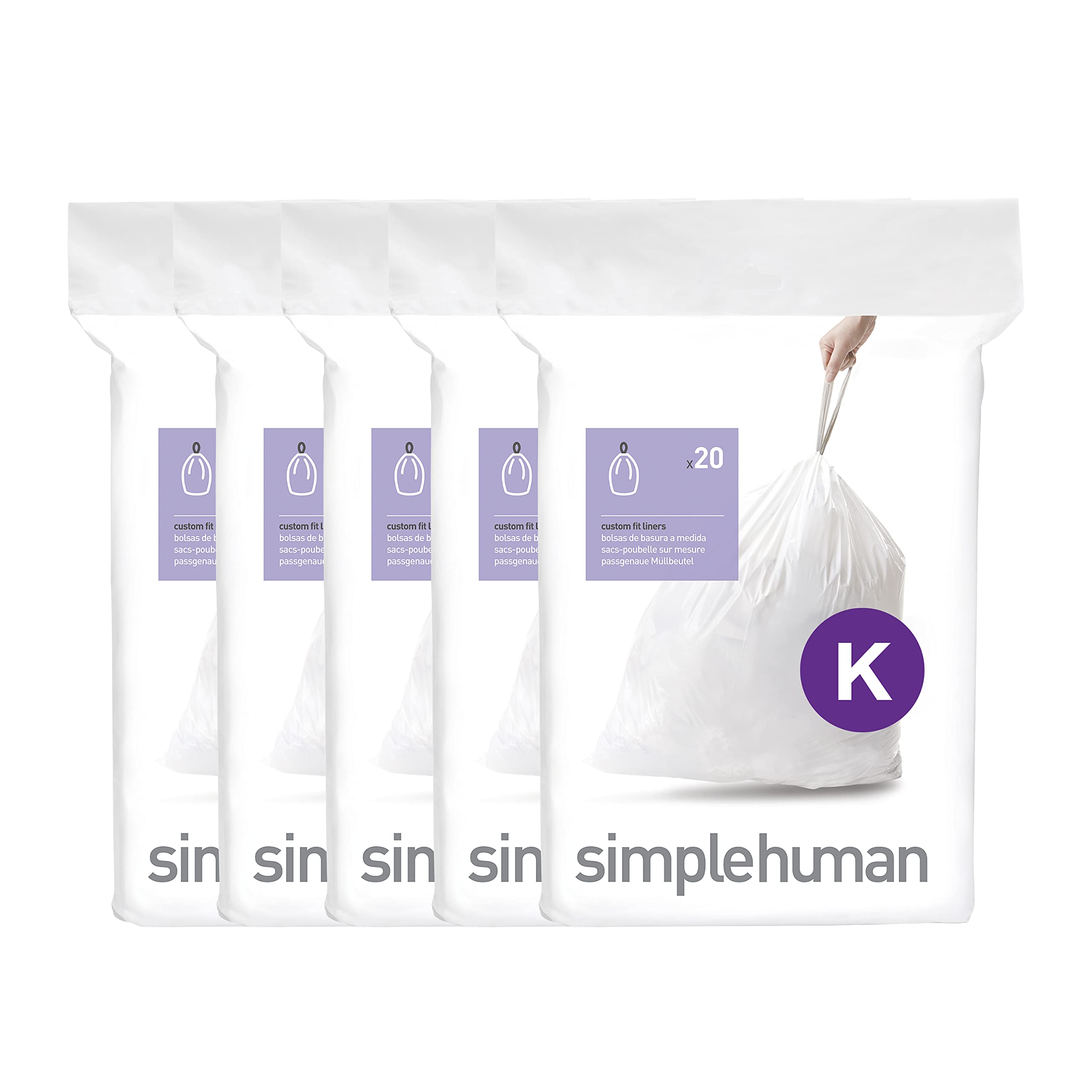 simplehuman Code K 100 Count, Dispenser Pack Custom Fit Liners, Drawstring Trash Bags, 35-45L / 9-12 Gallons, White