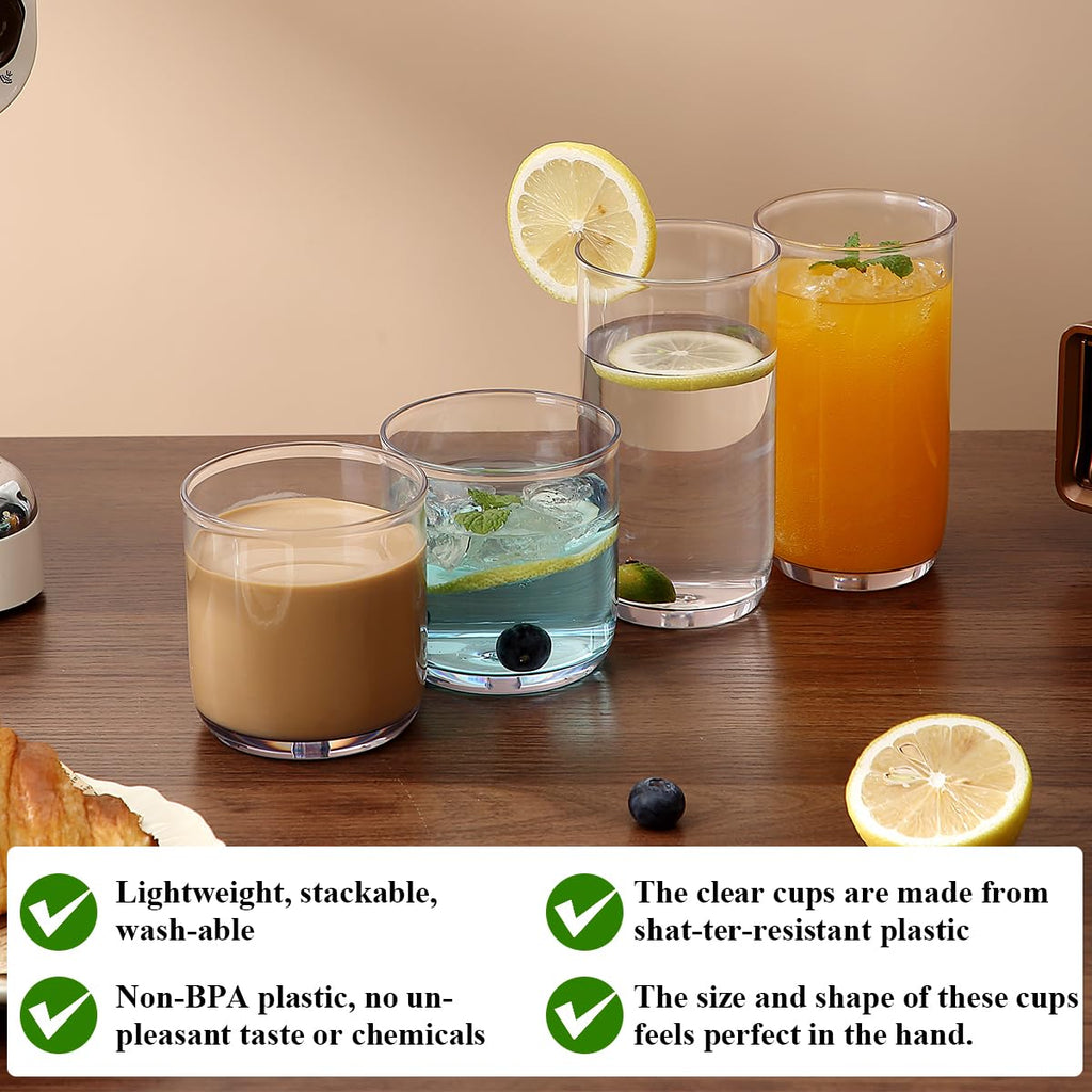 Kyraton Drinking Glasses Set of 12, PET Clear Plastic Highball Glasses 420ml & Whisky Cocktail Glasses Set 340ml, Heavy Duty Unbreakable Water Glasses Cup Tumbler Glassware for Beer, Juice, Milk