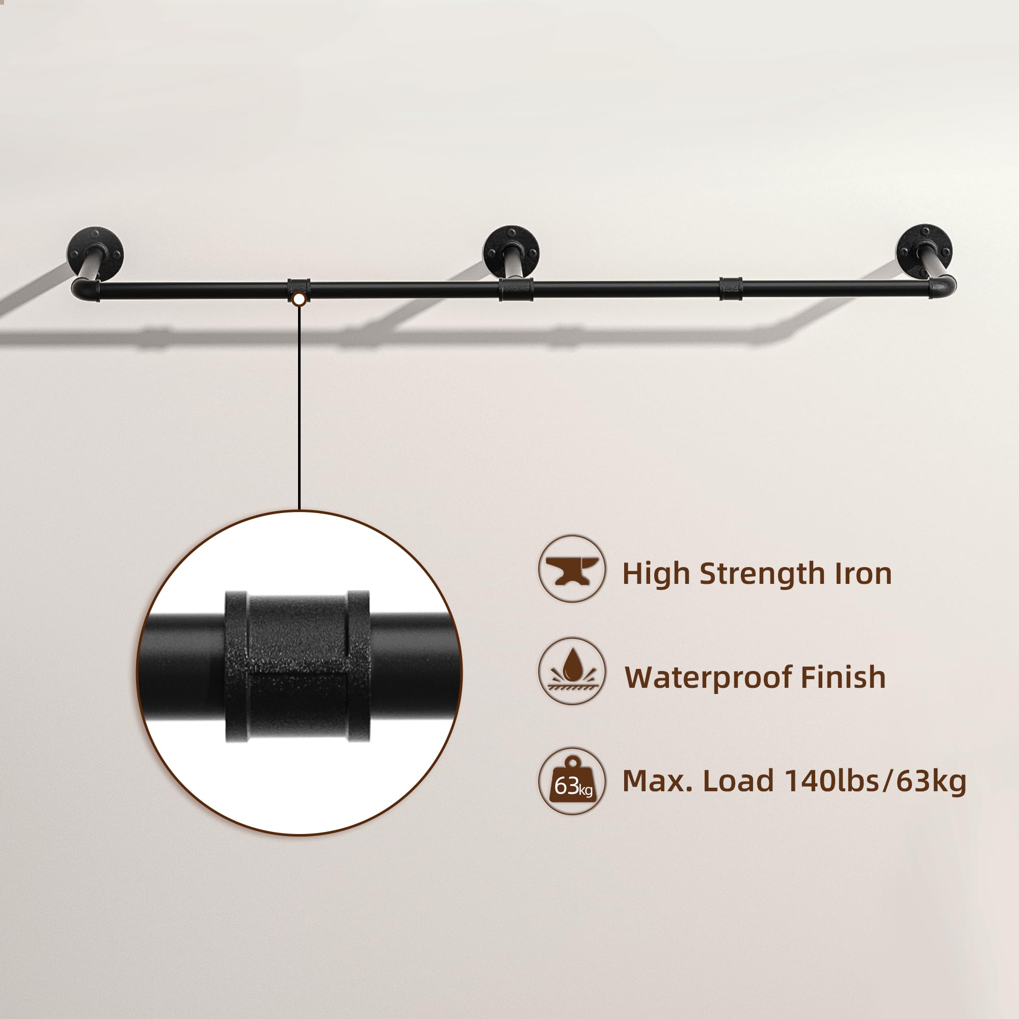 Pickpiff Vintage Clothes Rack, 55" Industrial Pipe Wall Mount Garment Rack, Space-Saving Heavy Duty Clothes Hanger for Closet Storage, 3 Bases, 1-Pack with 6 S-Hooks