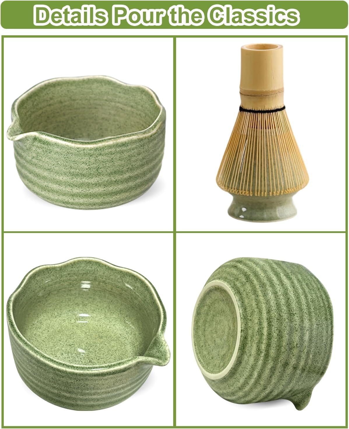 Matcha Set Matcha Tea Set 7 Pcs - Bamboo Matcha Whisk, Matcha Bowl with Spout, Matcha Whisk Holder, Sieve, Spoon and Holder, Japanese Matcha Accessories for Matcha Lover - Classic Green
